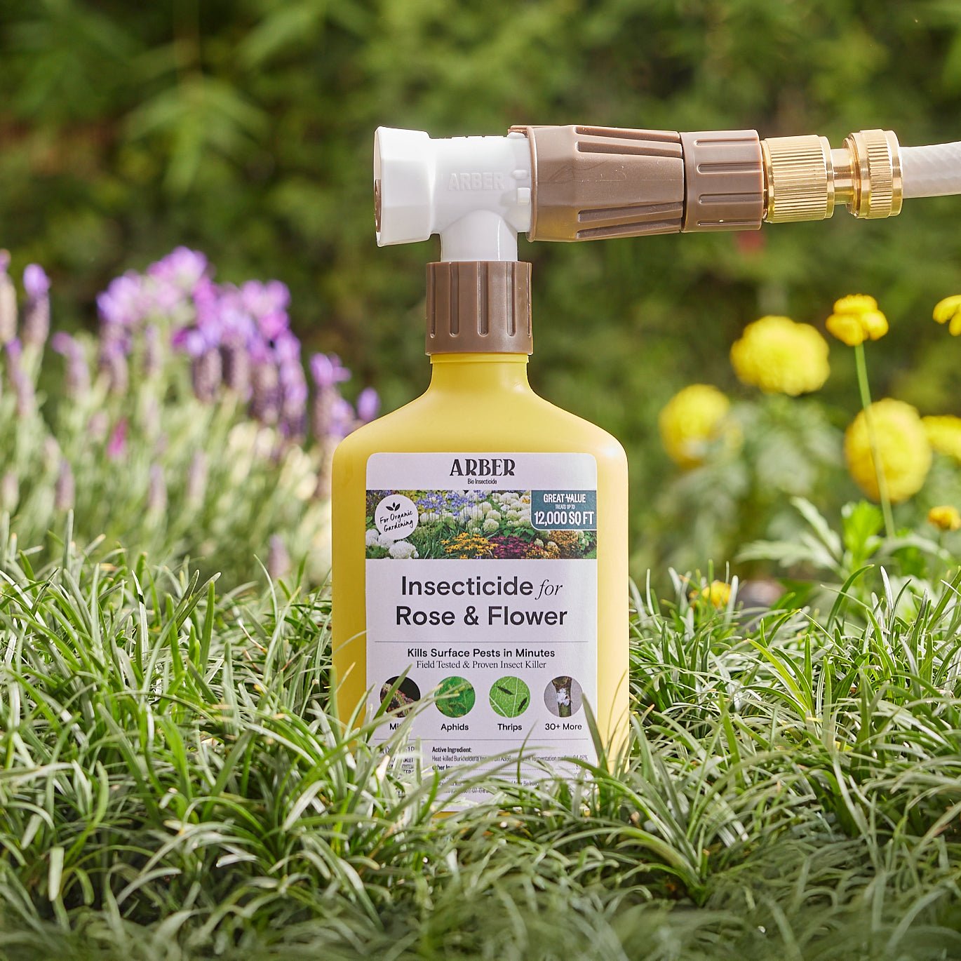 Organic insecticide spray by Arber for roses and flowers, shown in a garden setting, ideal for natural pest control on plants.