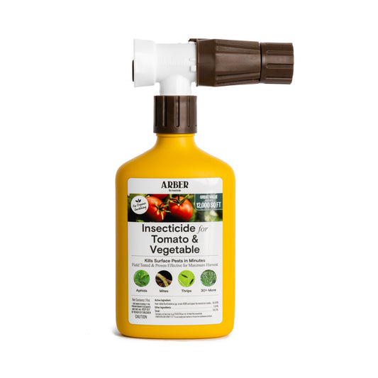 Organic insecticide for tomatoes and vegetables by Arber, showing a spray bottle with natural pest control solution.