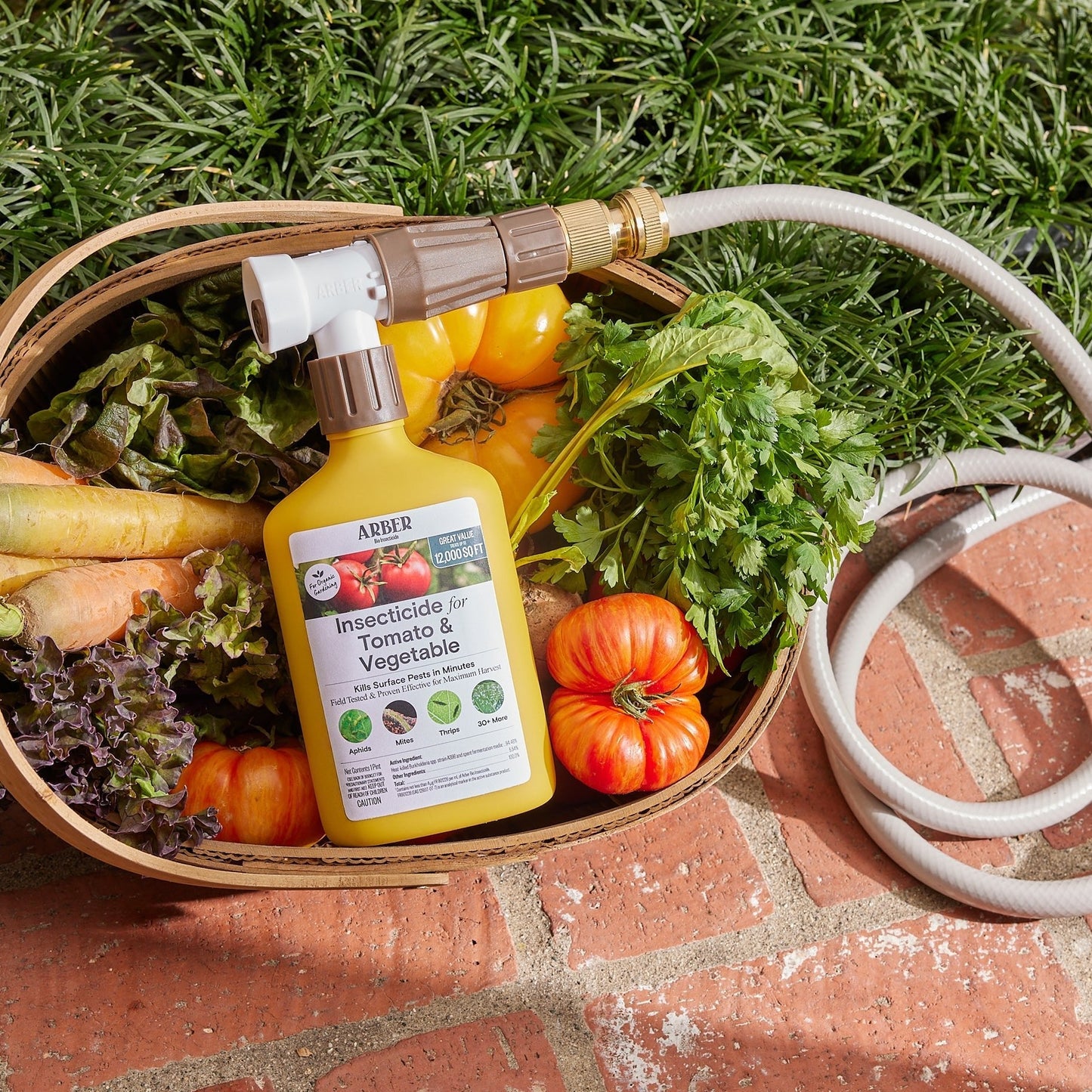 Organic insecticide for tomatoes and vegetables by Arber, showing a spray bottle with labels and a garden setting.
