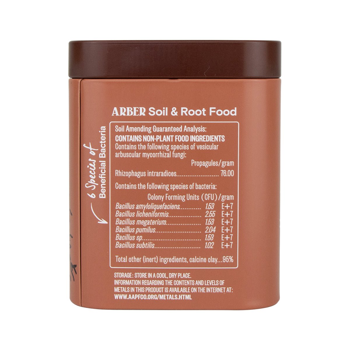 A brown container labeled Arber Organic Soil & Root Boost lists organic soil ingredients and beneficial microbes like Rhizophagus intraradices and Bacillus species, plus usage instructions and a note about root boost benefits.