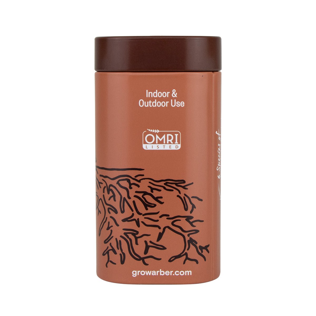 A brown Arber Organic Soil & Root Boost container labeled for Indoor & Outdoor Use, featuring the OMRI Listed logo, plant roots illustration for root boost and soil microbes, and growarber.com at the bottom.