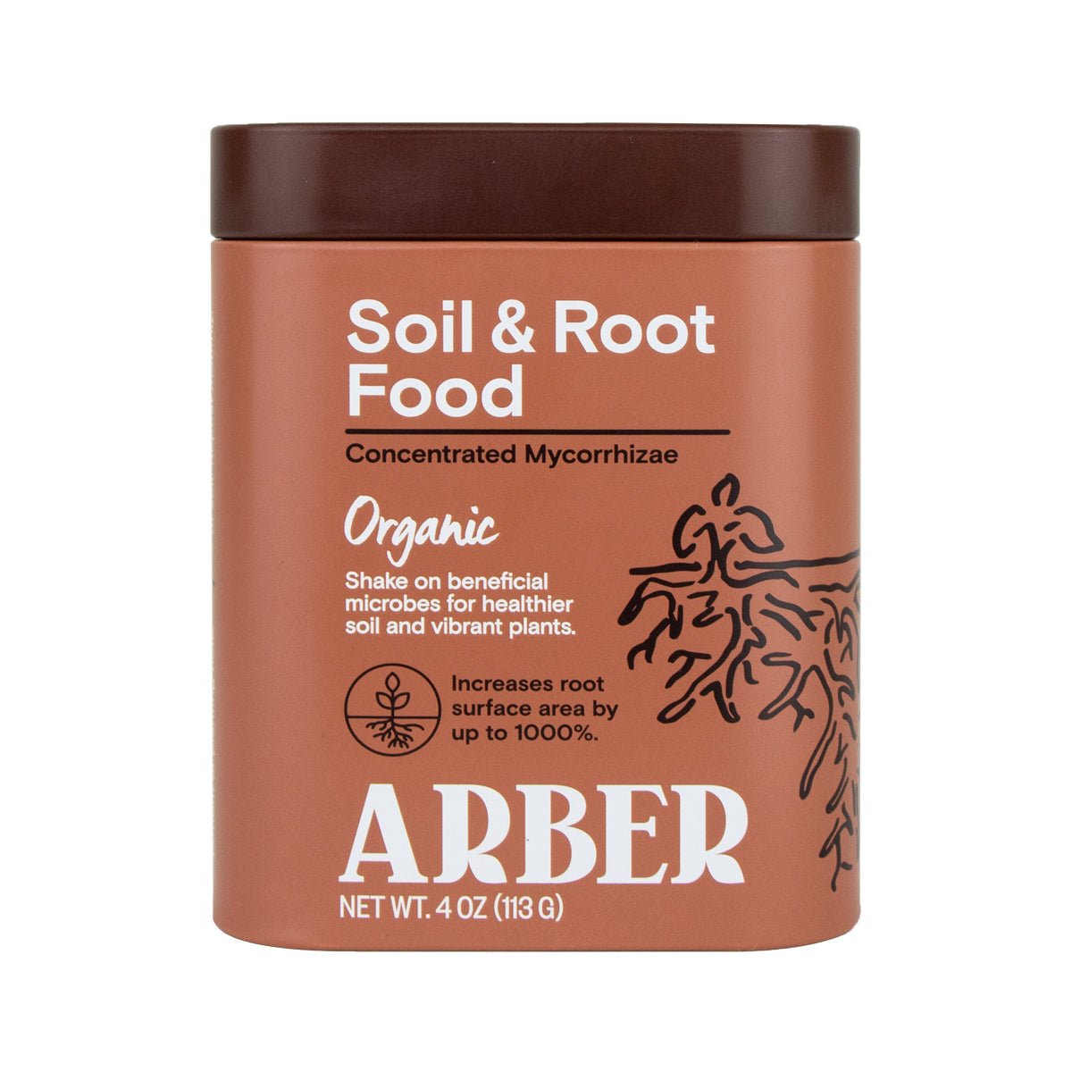 A brown container labeled “Organic Soil & Root Boost” by Arber. This organic enhancer increases root surface area with powerful soil microbes. The 4 oz label features a root illustration and plant icon.