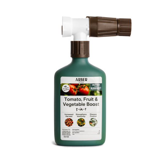 Organic tomato and vegetable boost supplement by Arber, featuring fresh tomatoes and assorted produce in a natural setting.