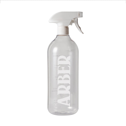 Arber spray bottle with clear plastic body and adjustable nozzle, ideal for household cleaning or gardening use