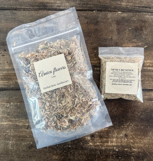 Dried arnica flowers in an 8g bundle from HerbalRoseApothecary, ideal for herbal remedies and natural healing.