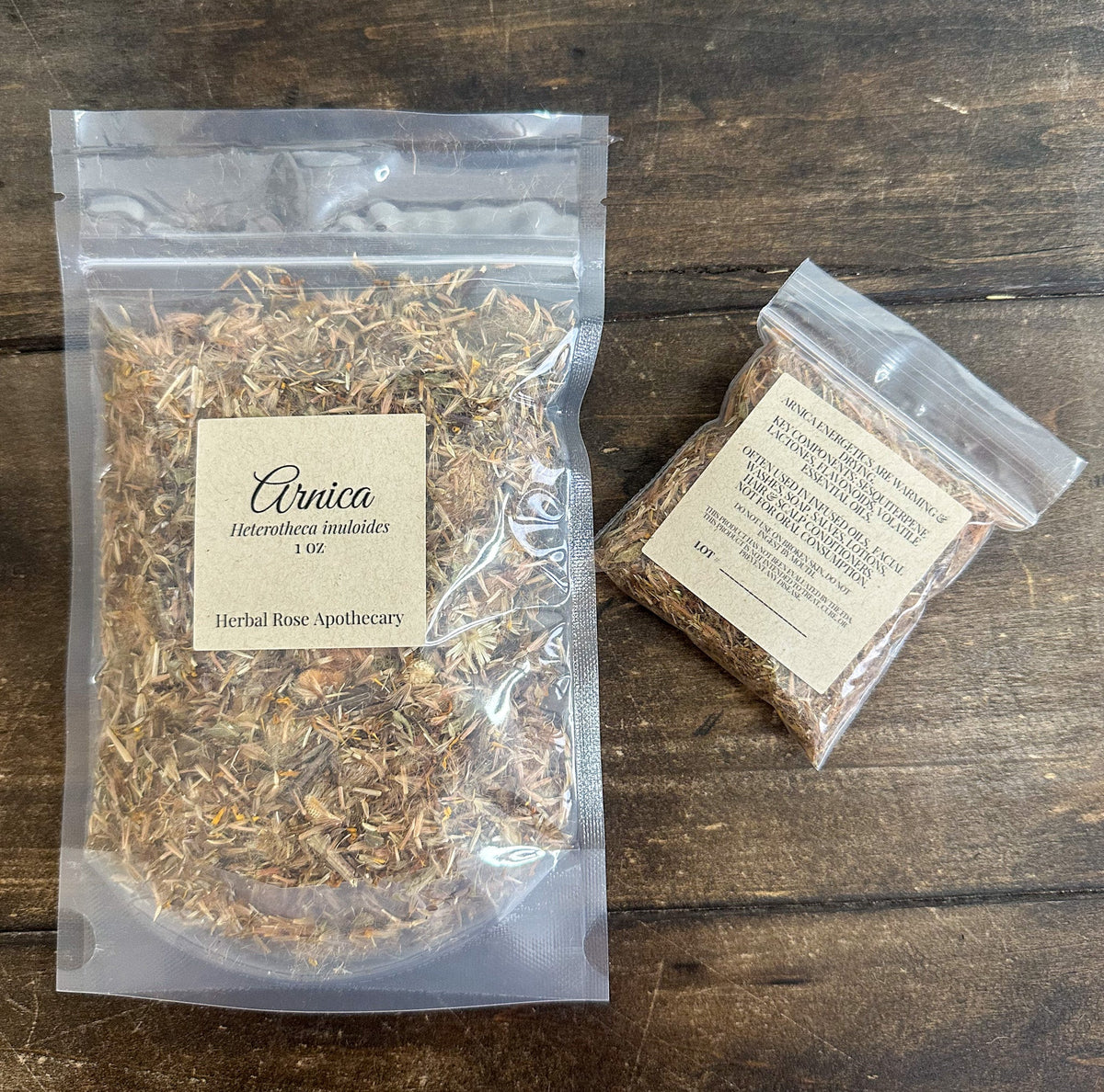 Dried Arnica flowers from HerbalRoseApothecary, showcasing vibrant yellow herbal herbs for natural remedies.