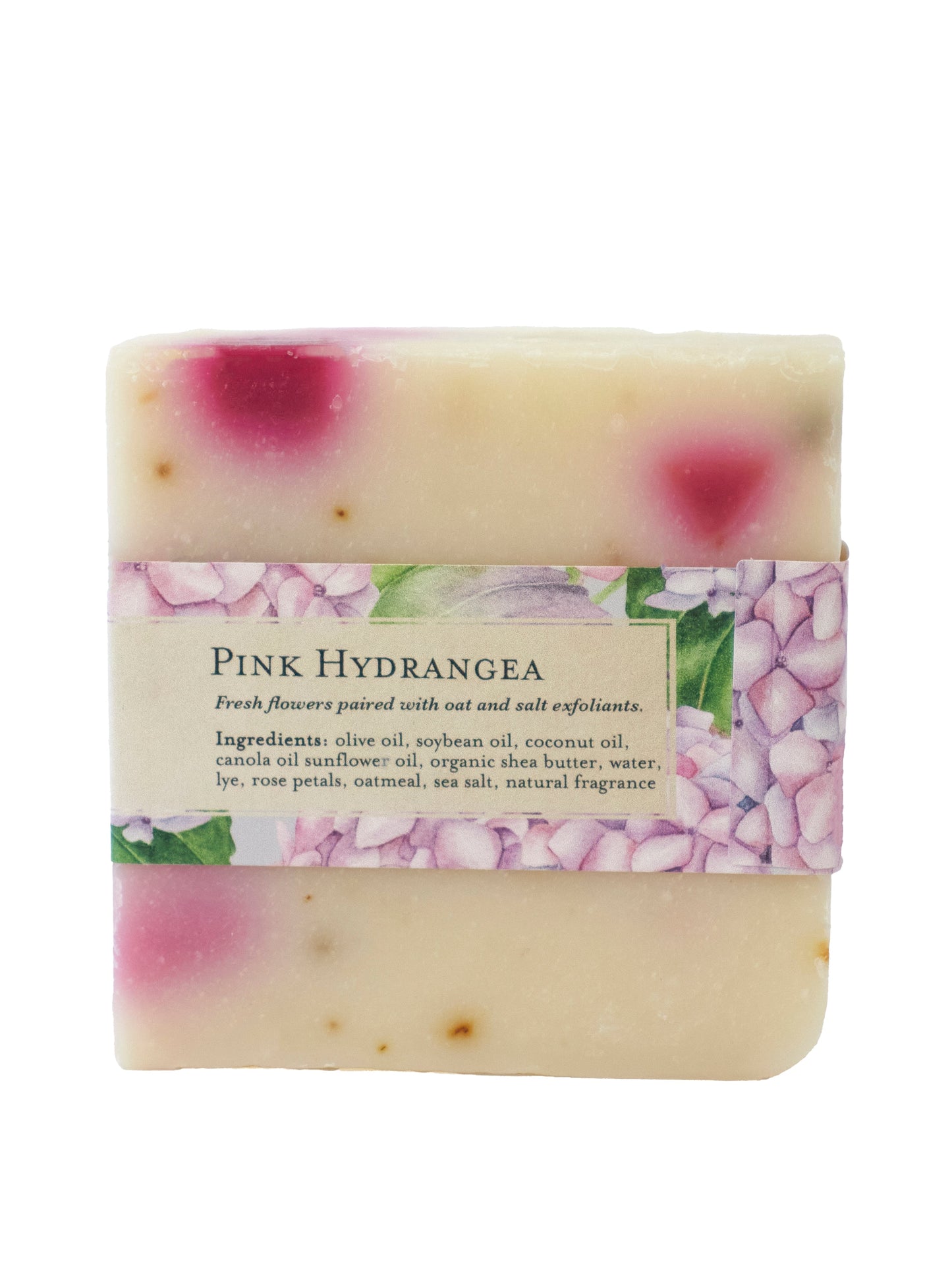 The Pink Hydrangea Soap Scrub Bar by Ash & Rose is a rectangular handmade vegan soap with pink and purple floral patterns, a creamy base accented with pink spots, listed natural ingredients, and an eye-catching fresh look.