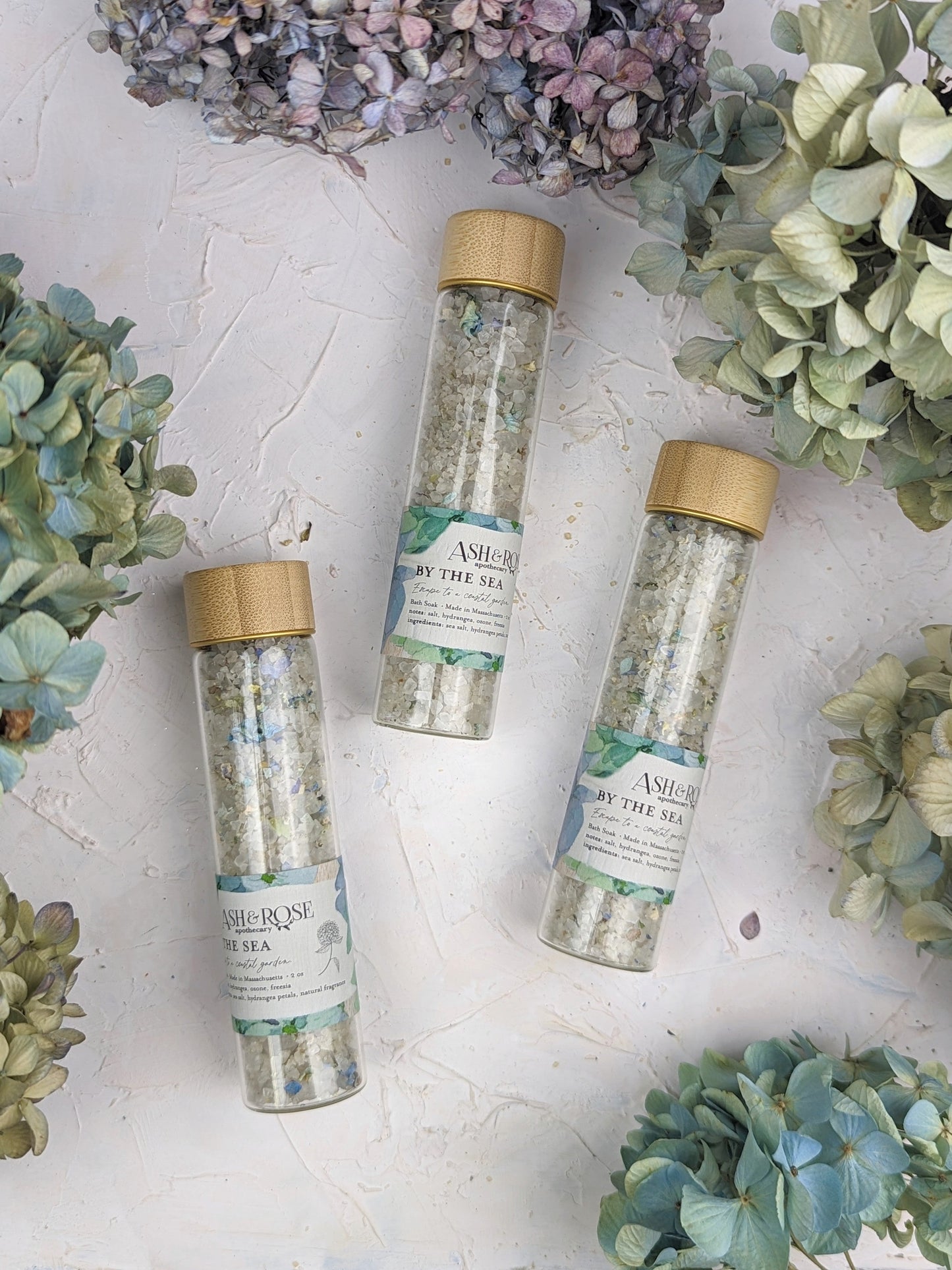 Ash & Rose By The Sea bath soak vial with natural salts and botanicals for relaxing bath experience.