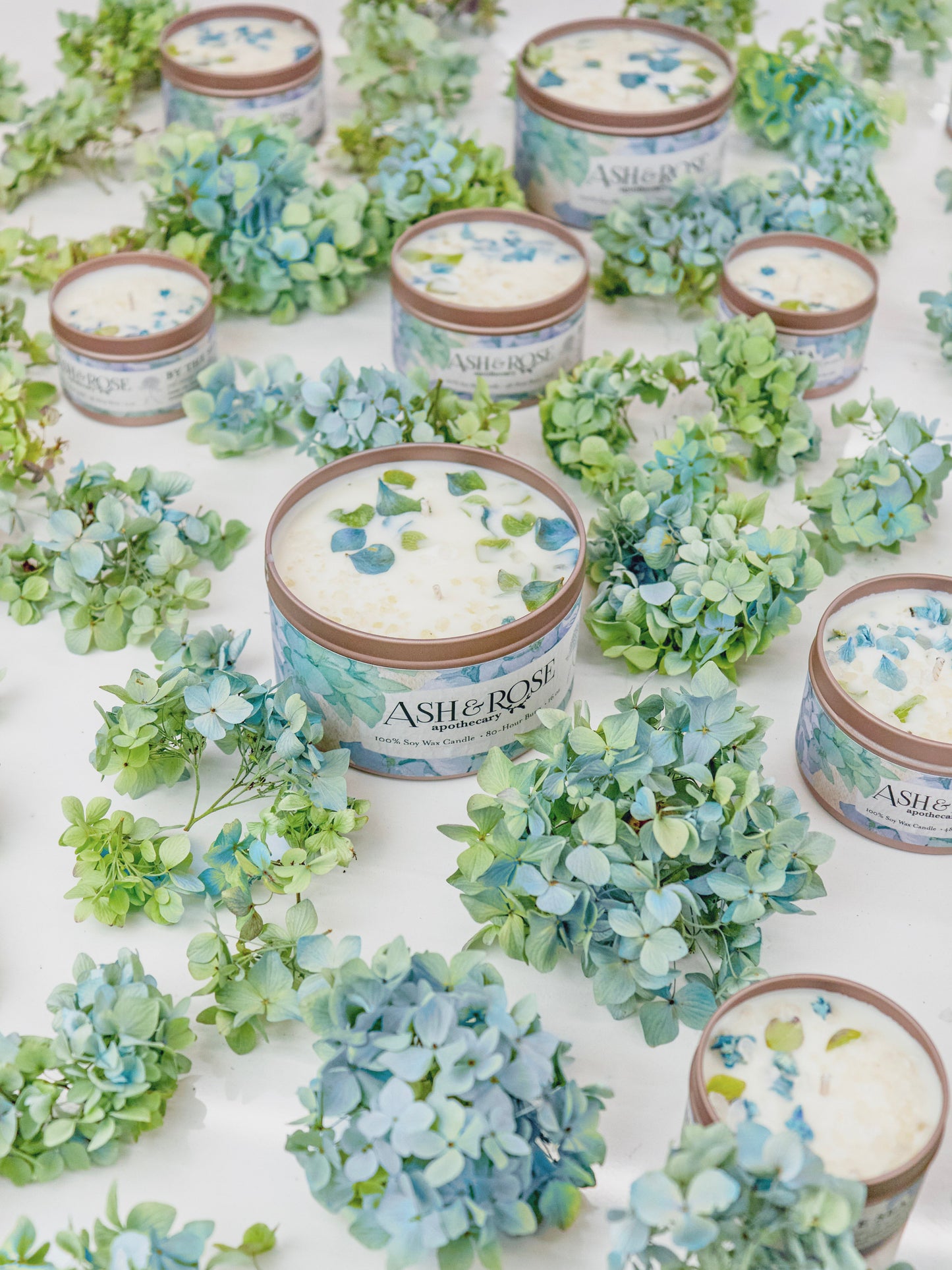 The Ash & Rose BY THE SEA Hydrangea Sea Salt Candle is displayed in a decorative tin among green and blue hydrangeas on a white surface, creating a fresh, natural look.