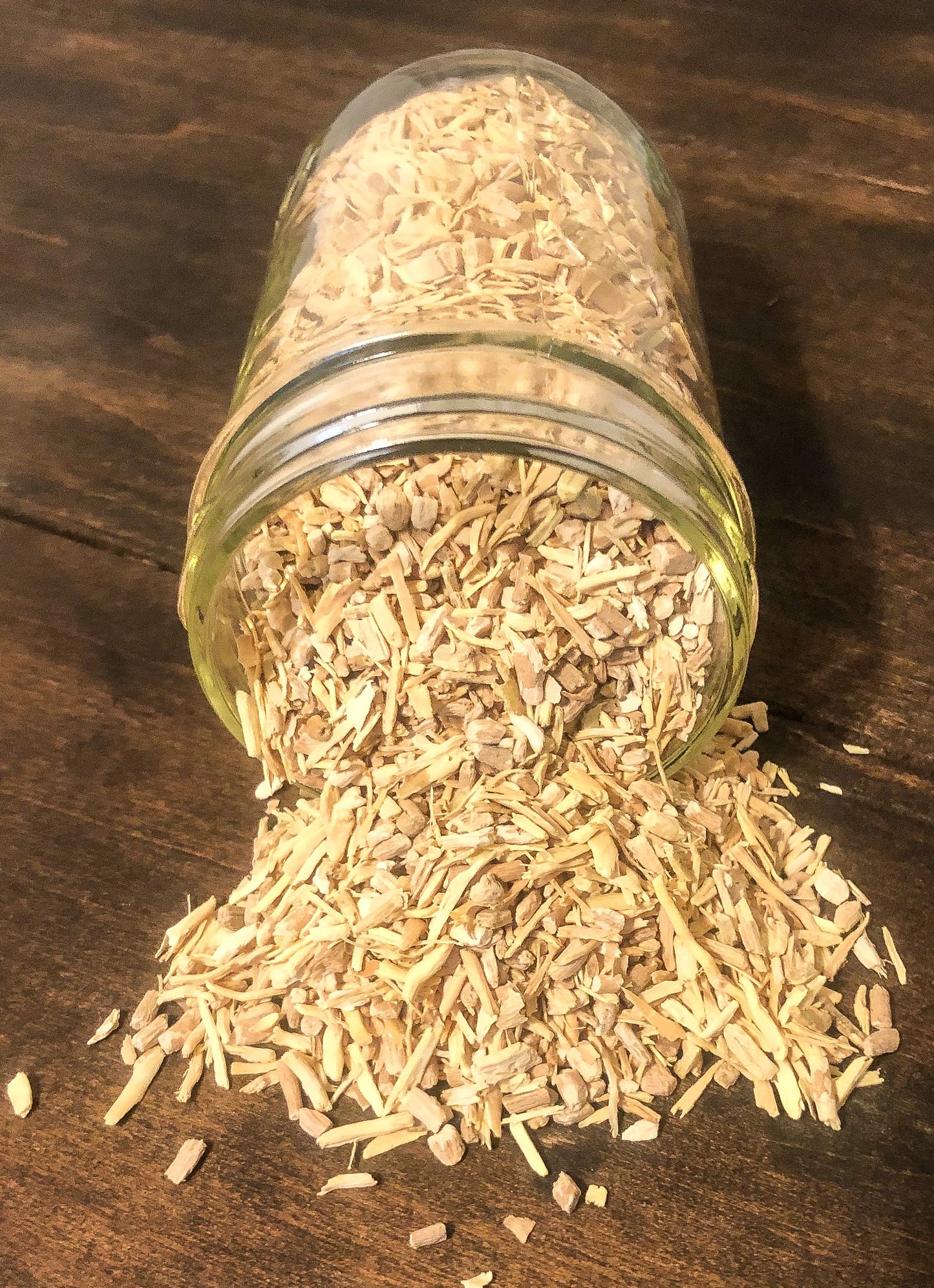 Small jar of dried ashwagandha root herbs in herbalroseapothecary herb jars collection, with a clear label and rustic design.
