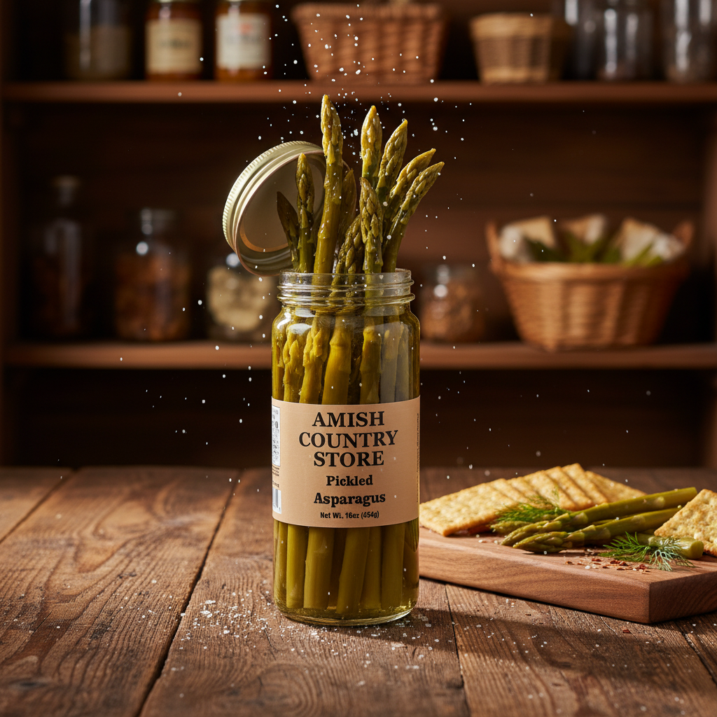 Jar of Amish Country Store pickled asparagus in a 16oz glass jar, showcasing fresh green asparagus spears immersed in pickling liquid.