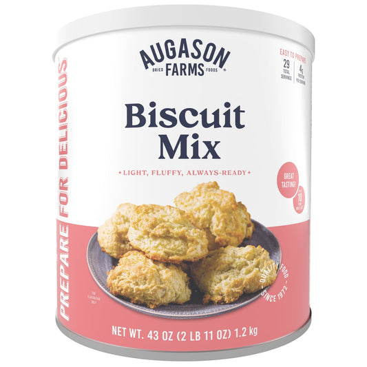 Augason Farms buttermilk biscuit mix can, 29 servings, canned food with label showing product and brand information