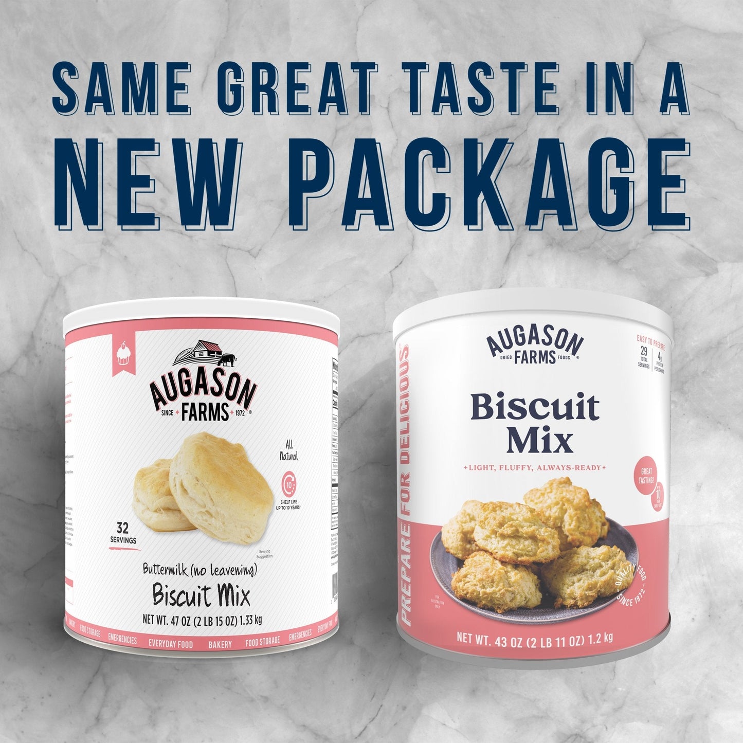 Augason Farms buttermilk biscuit mix can, 29 servings, canned food with a label showing biscuit image and product details.