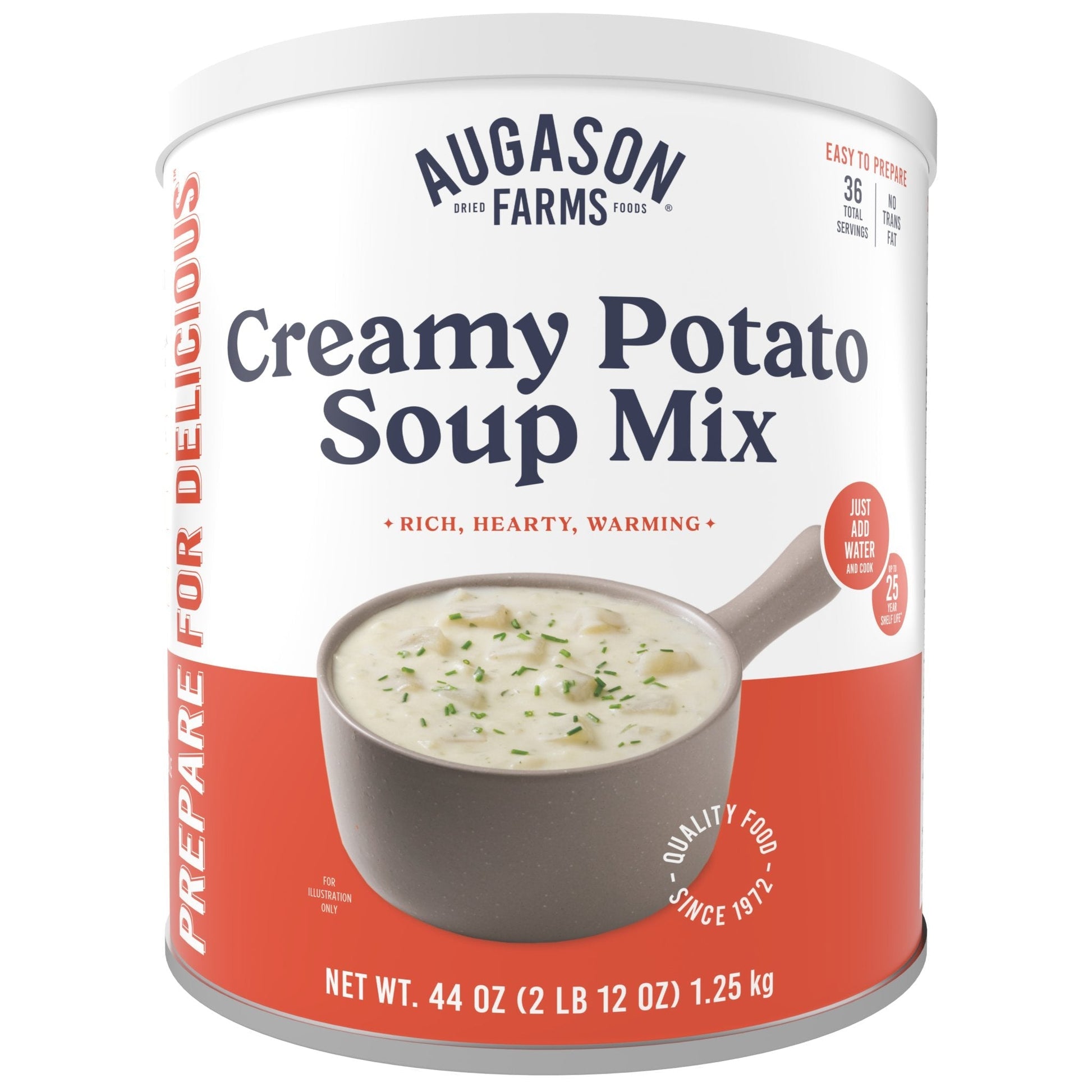 Canned creamy potato soup mix by Augason Farms in a 36-serving can, showing the label on the can.