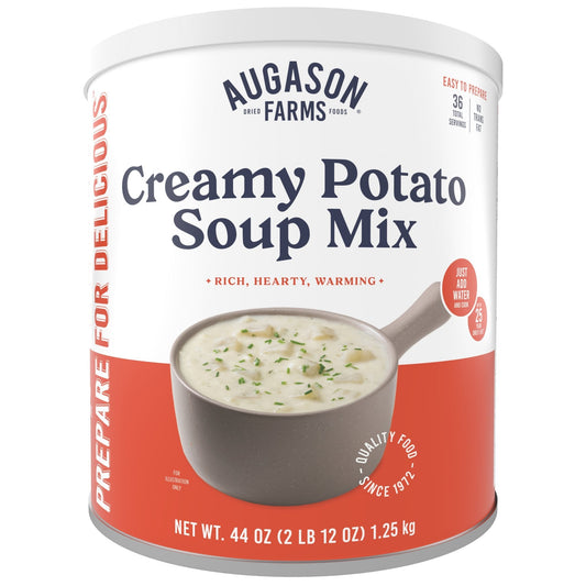 Canned creamy potato soup mix by Augason Farms in a 36-serving can, showing the label on the can.