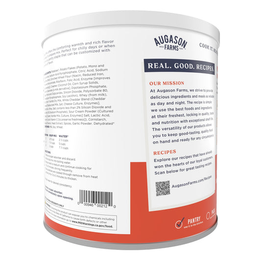 Canned creamy potato soup mix by Augason Farms in a can, ready to prepare, provides 36 servings of hearty, flavorful soup.