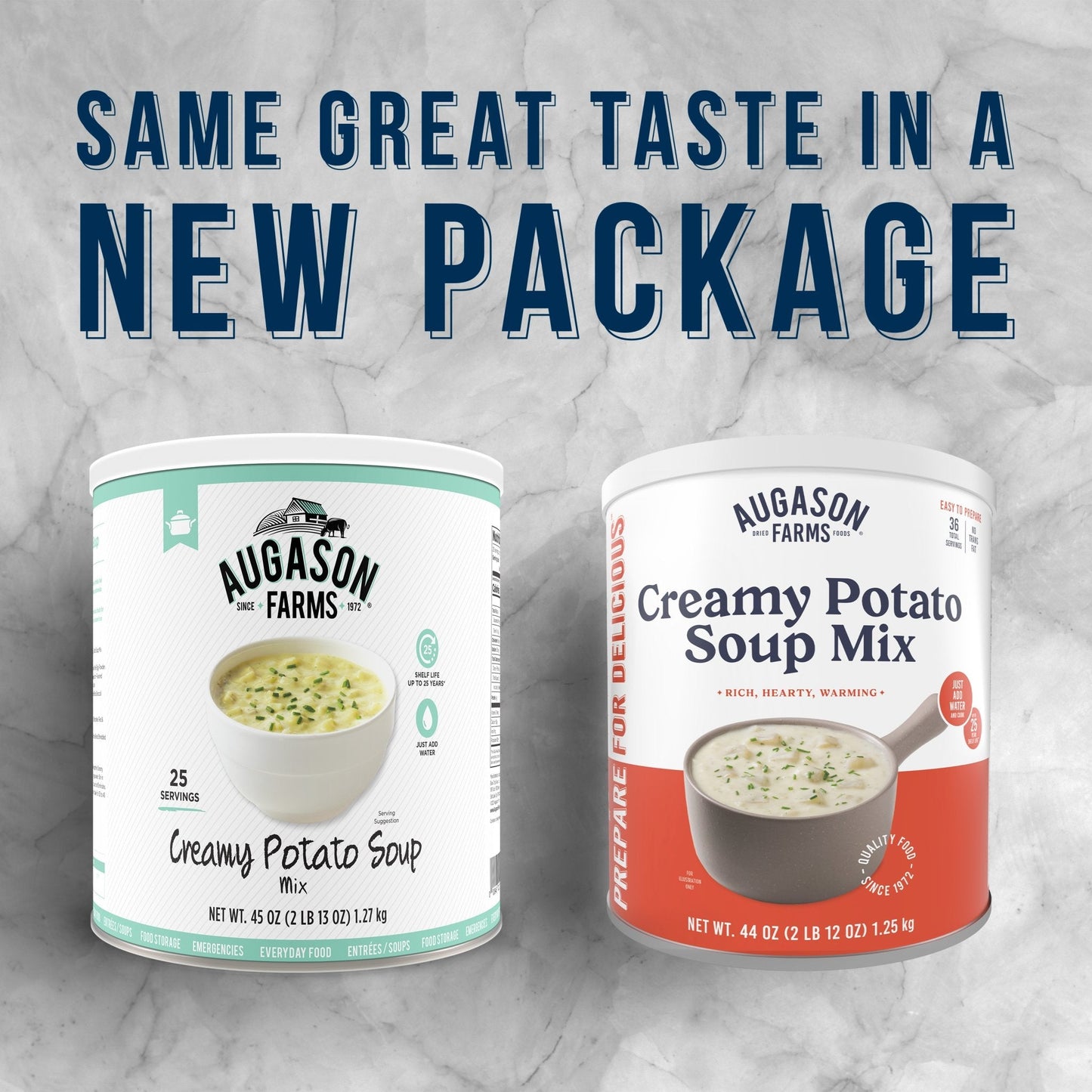 Canned Creamy Potato Soup Mix by Augason Farms, 36 servings, showing the labeled can with a creamy potato soup image.