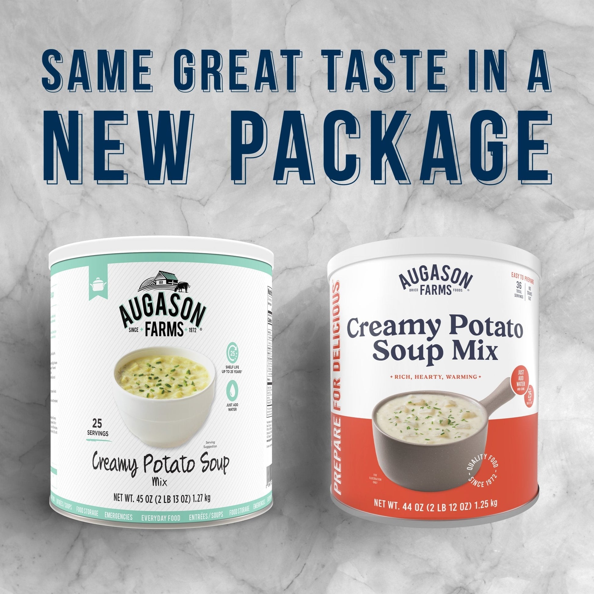Canned Creamy Potato Soup Mix by Augason Farms, 36 servings, showing the labeled can with a creamy potato soup image.