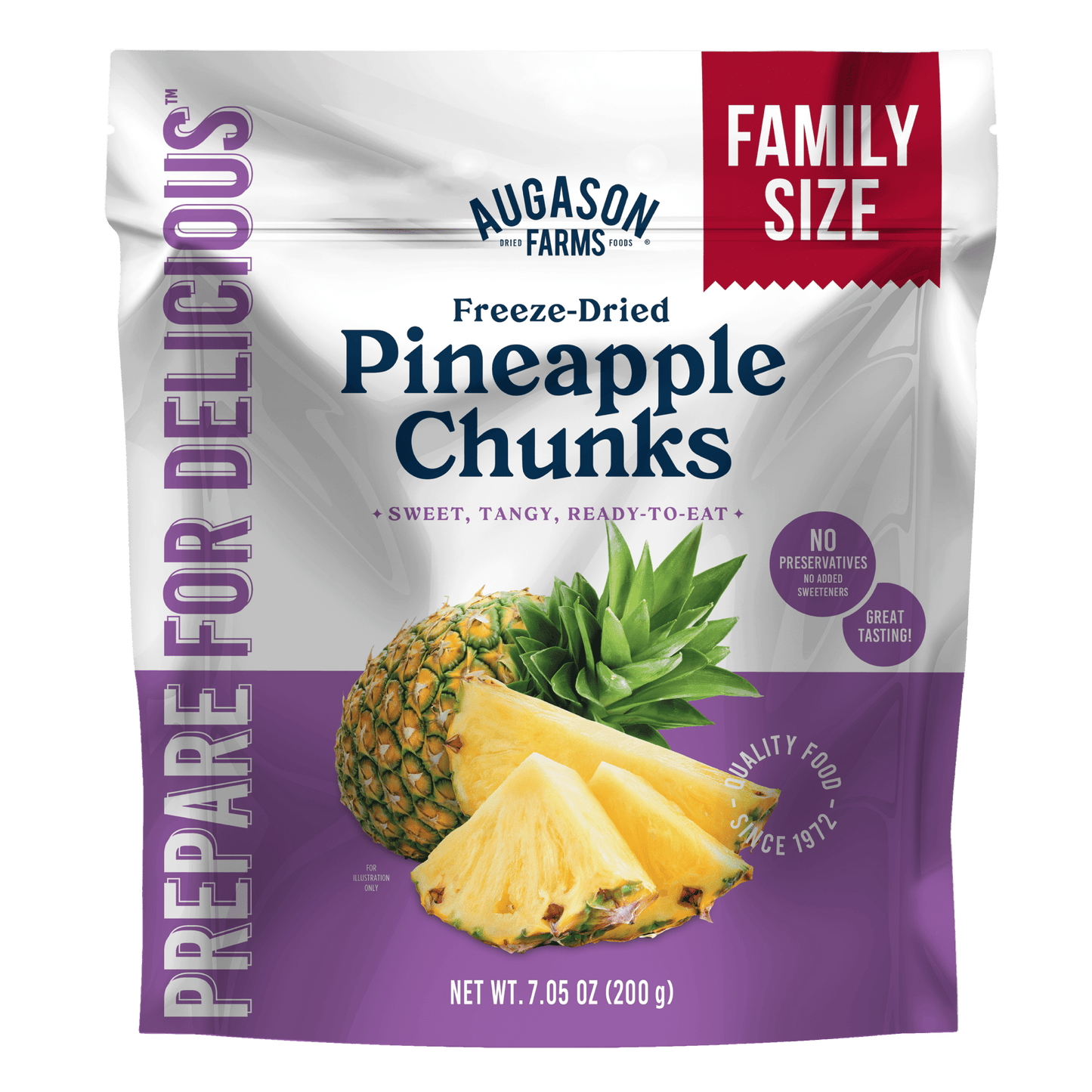 Freeze dried pineapple pieces in a family size pouch by Augason Farms, ready to enjoy as canned food snack or ingredient.