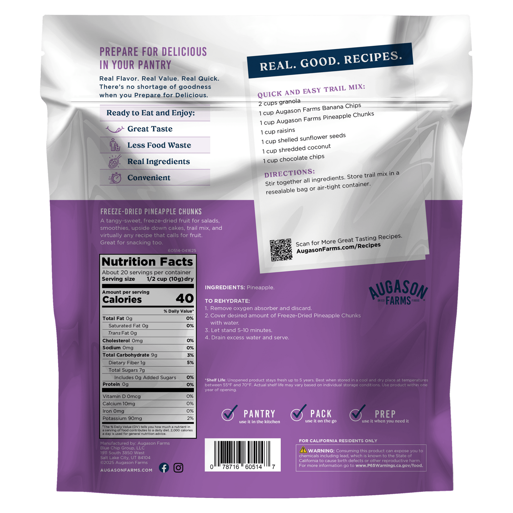 Freeze dried pineapple pieces in a family size pouch by Augason Farms, ready for snacking or cooking.