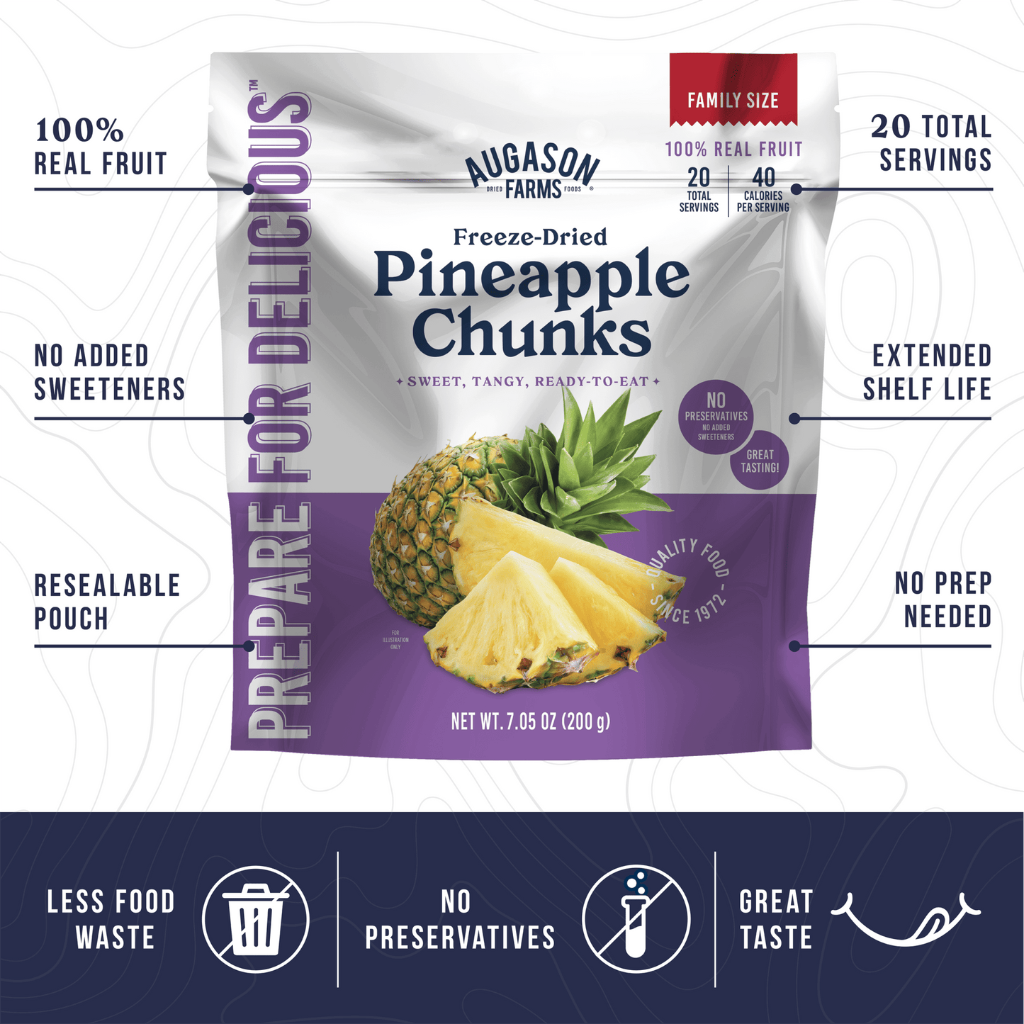 Freeze dried pineapple pieces in a family size pouch from Augason Farms, ideal for snacking or recipes.
