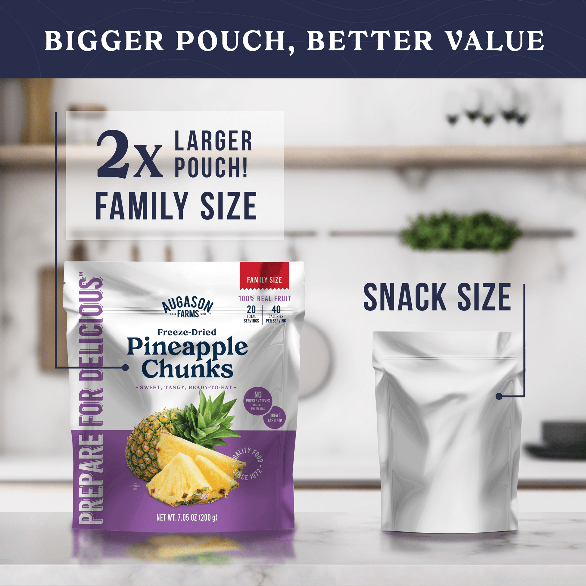 Freeze dried pineapple pieces in a family size pouch by Augason Farms, canned food with 20 servings.