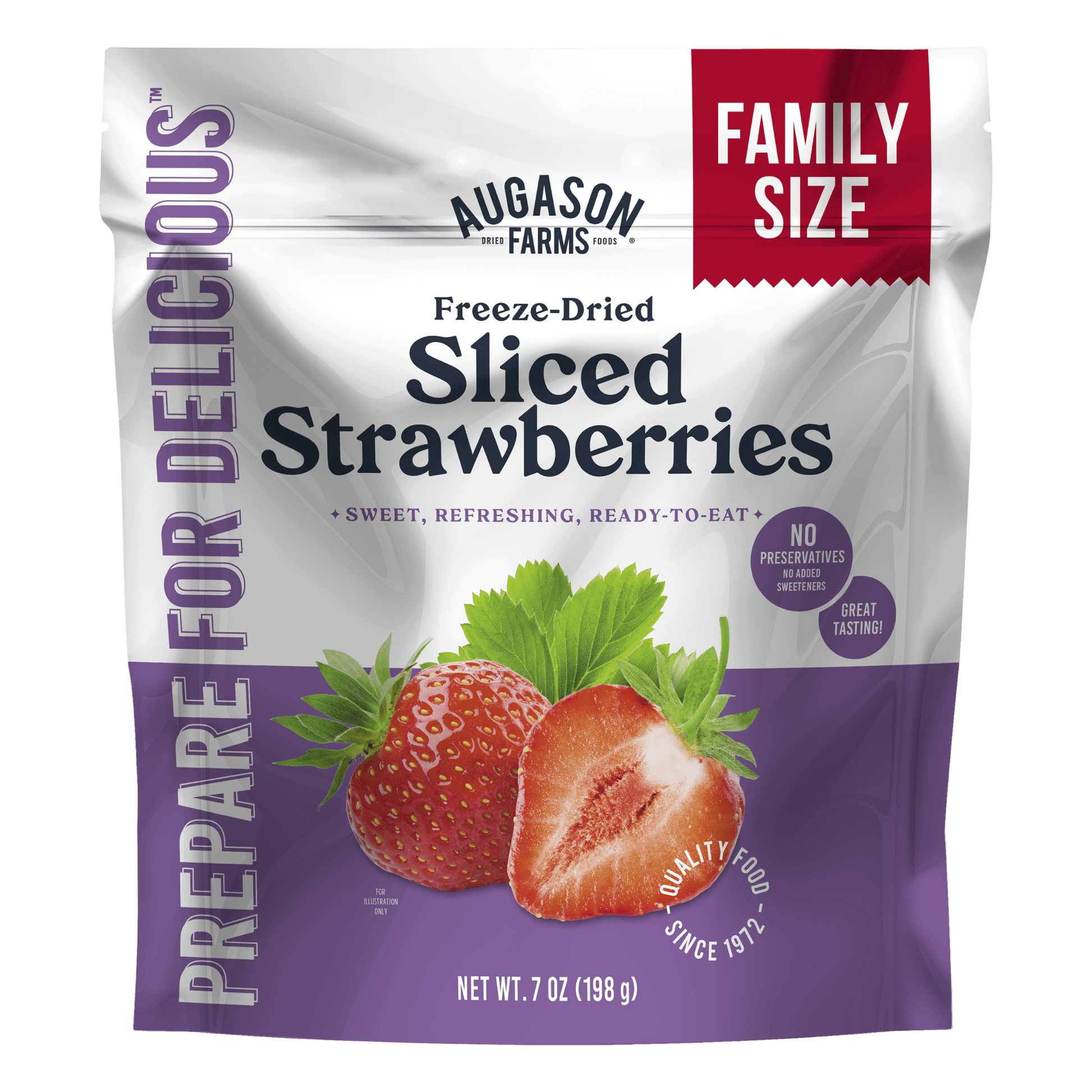Freeze dried sliced strawberries in a family size pouch by Augason Farms, showing bright red fruit slices in a sealed can.