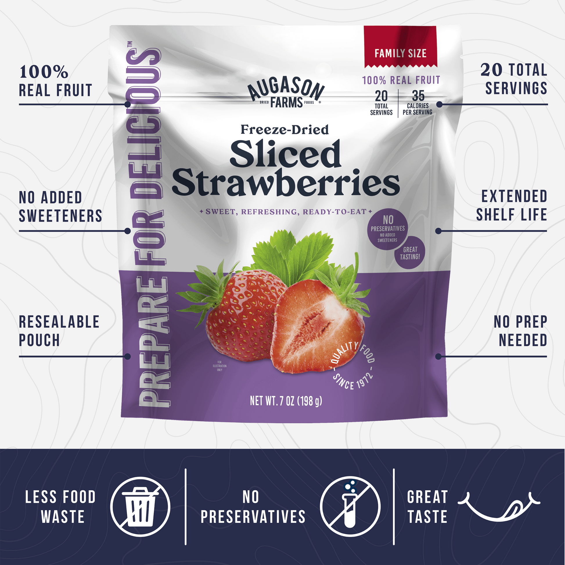 Freeze dried sliced strawberries in a family size pouch by Augason Farms, canned food with 20 servings, ideal for snacking or baking.