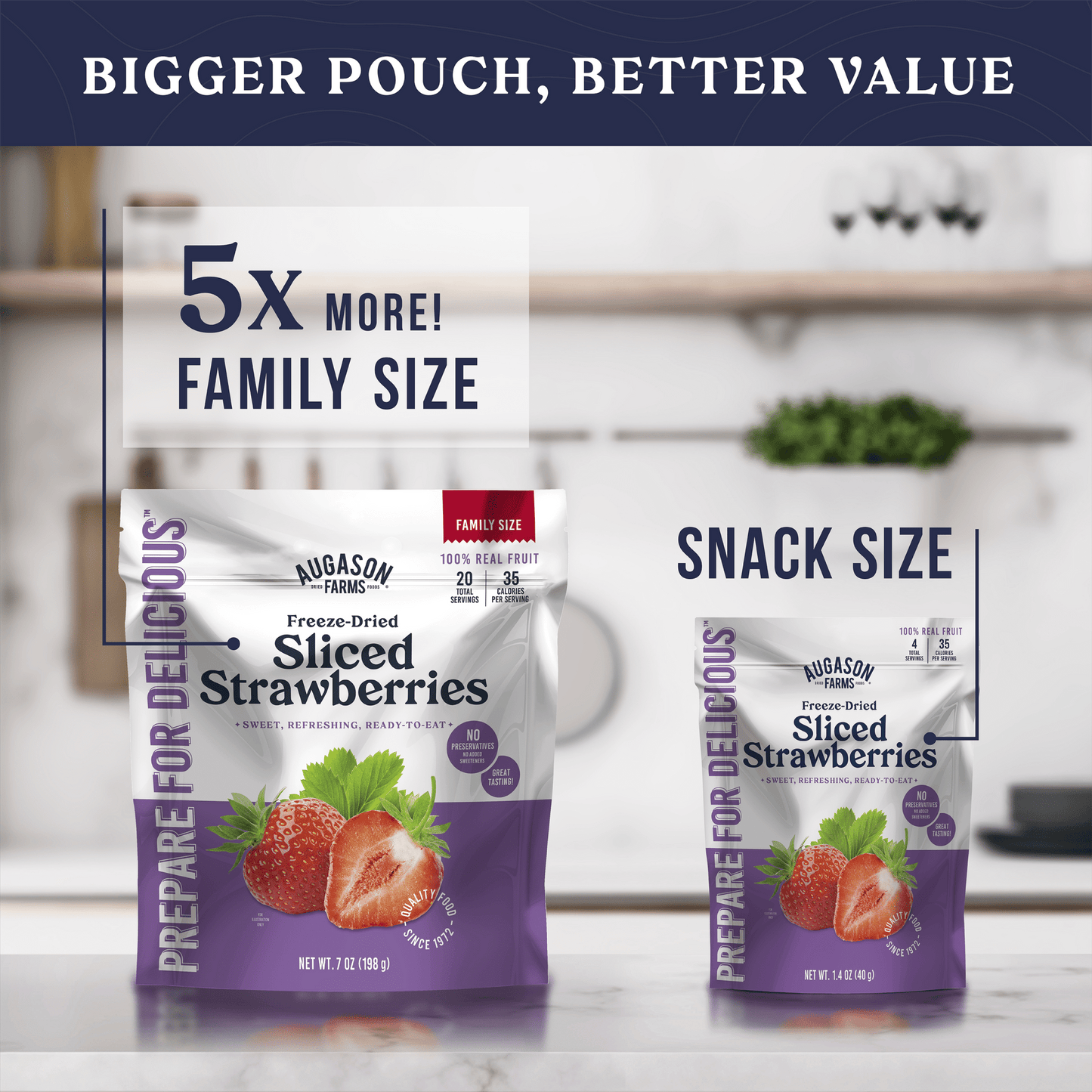 Freeze dried sliced strawberries in a family size pouch by Augason Farms, ideal for snacks and baking, 20 servings.