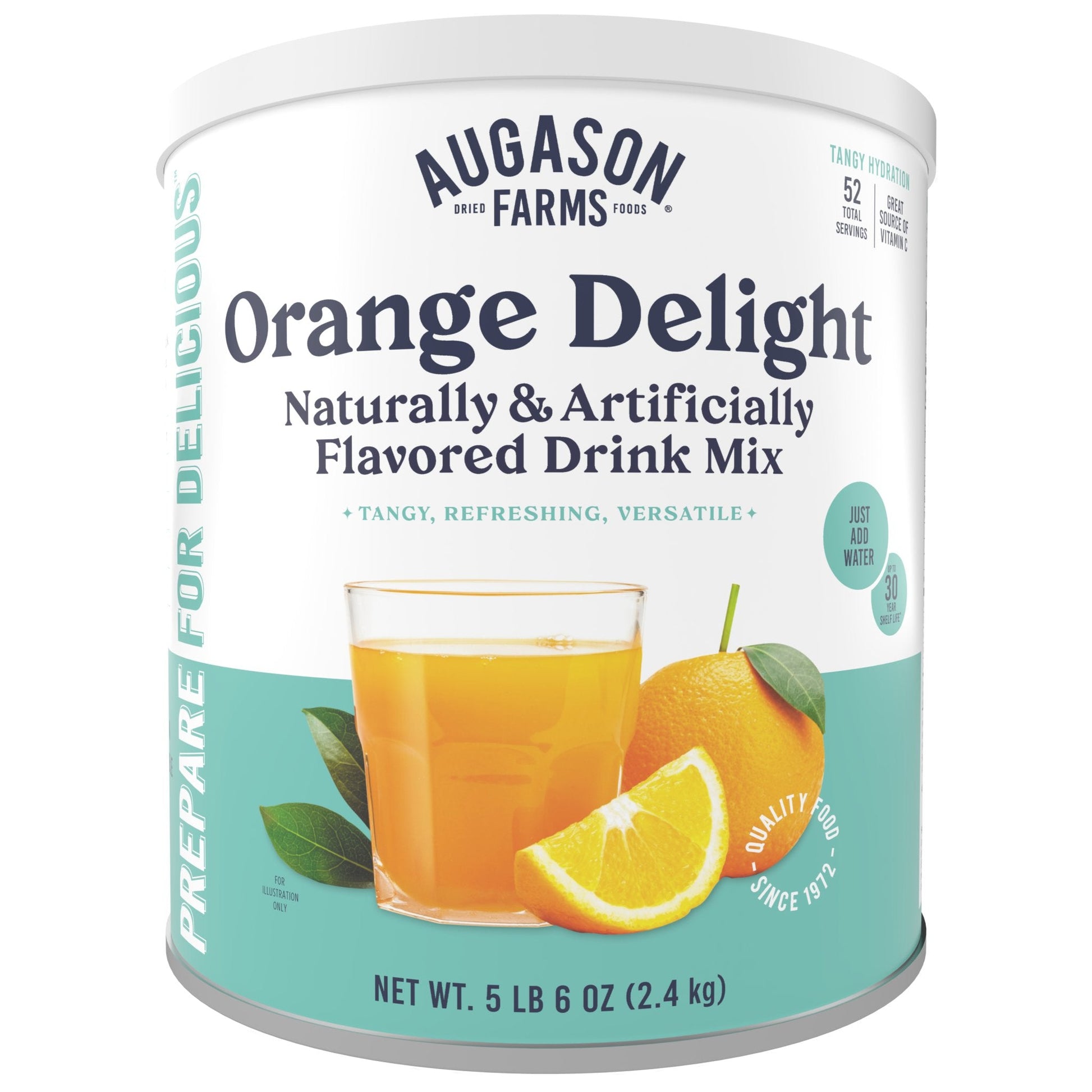Augason Farms Orange Delight Drink Mix can with 52 servings, canned food product featuring bright orange flavor and packaging.