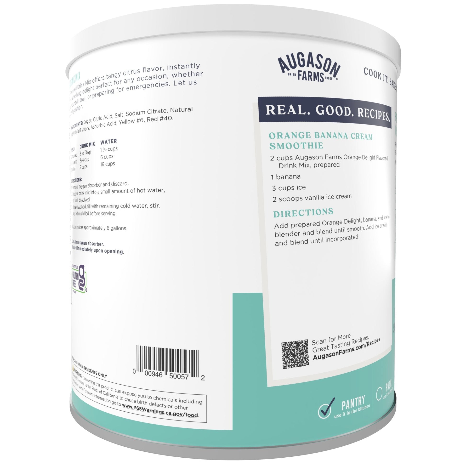Augason Farms Orange Delight Drink Mix can, 52 servings, canned food with bright orange powder and label showing product details.