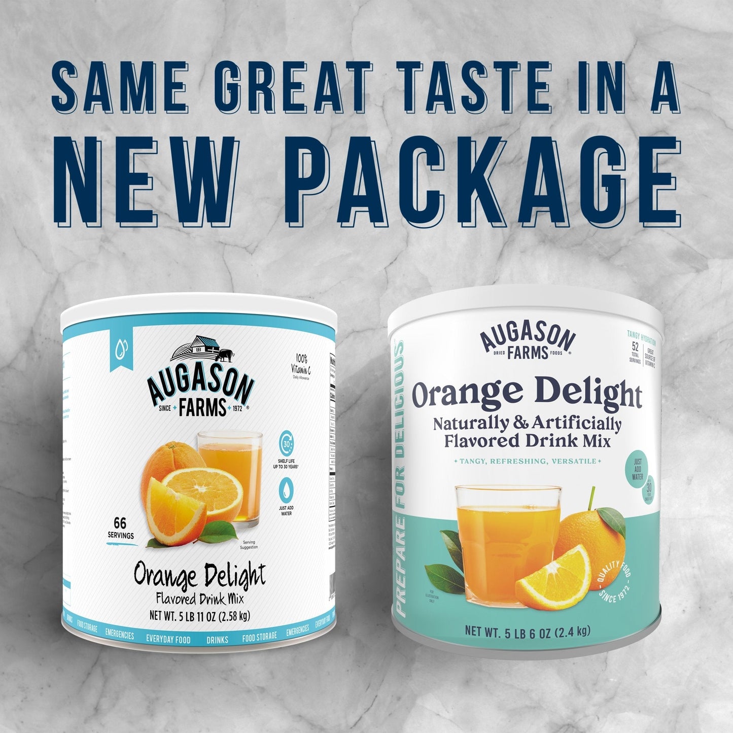 Augason Farms Orange Delight Drink Mix can with 52 servings, featuring bright orange flavor in a canned food container.