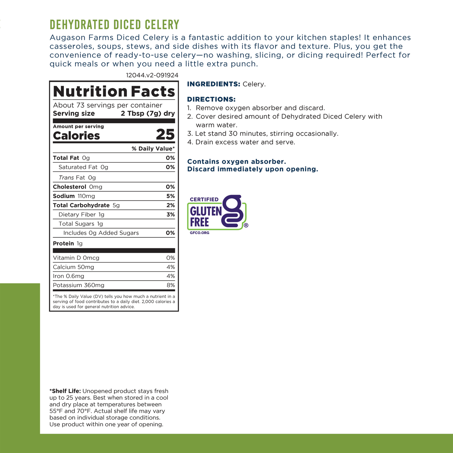 Dehydrated Cross Cut Celery Can, 73 Servings - Blessings Grow Meadows