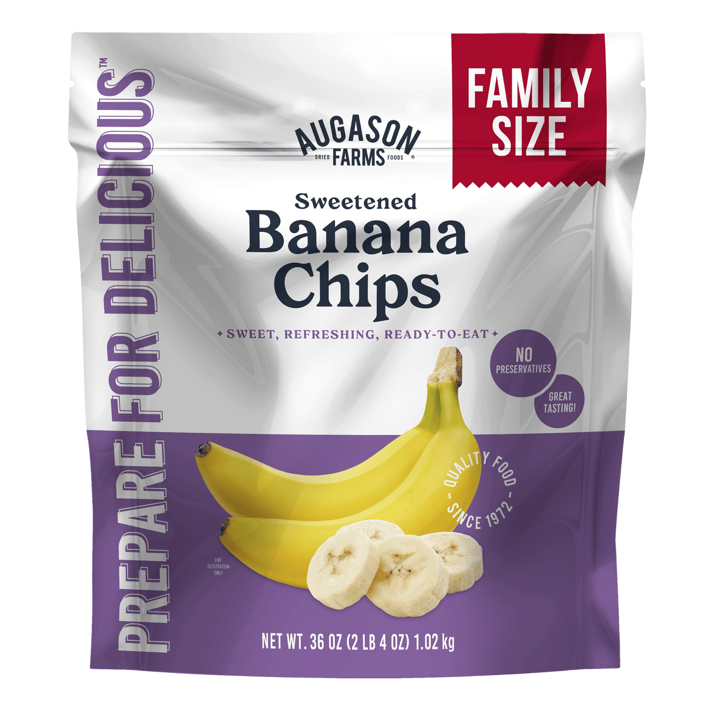Banana chips in a large Augason Farms family size pouch, showing golden, crispy banana slices for snacking or baking.