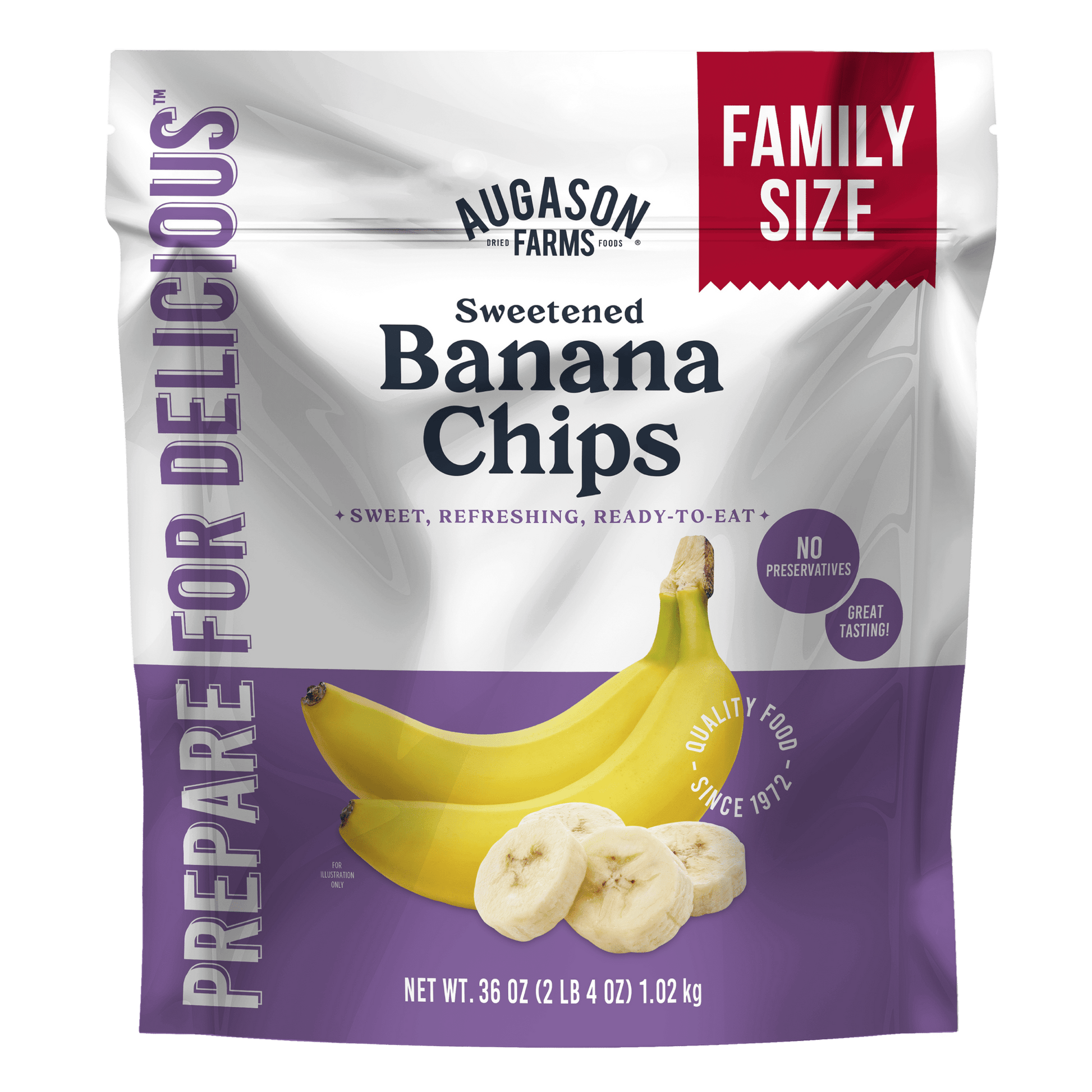Banana chips in a large Augason Farms family size pouch, showing golden, crispy banana slices for snacking or baking.