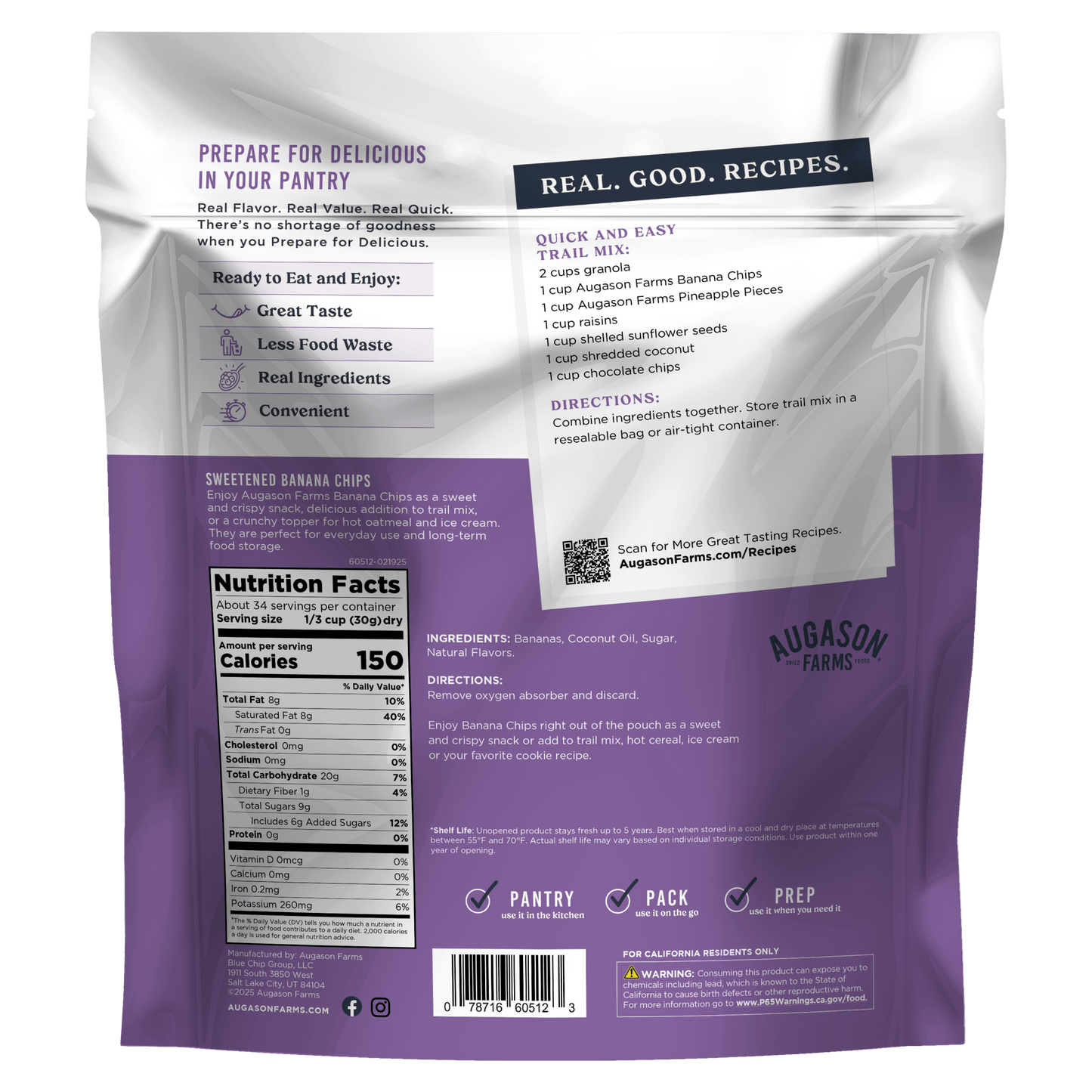 Family size pouch of Augason Farms banana chips, 34 servings, showing golden banana slices in a resealable bag.