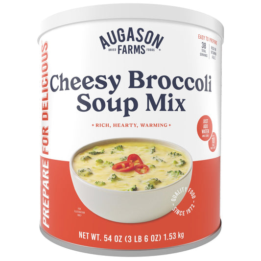 Can of Augason Farms Cheesy Broccoli Soup Mix with 38 servings, showing the product label and packaging.