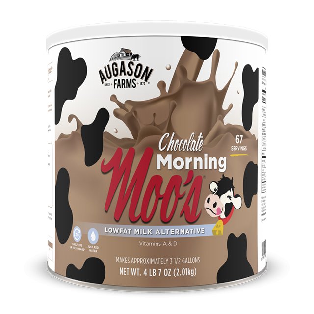 Augason Farms Chocolate Morning Moo's milk alternative can with 67 servings, featuring a colorful label on a white background.