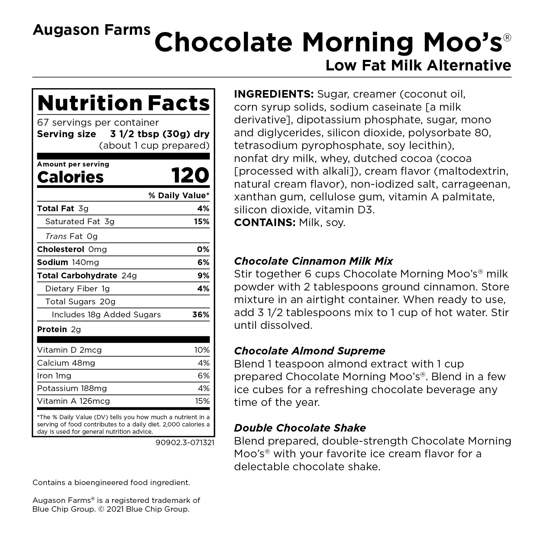 Augason Farms Chocolate Morning Moo's milk alternative can with 67 servings, showing the product label and can design.