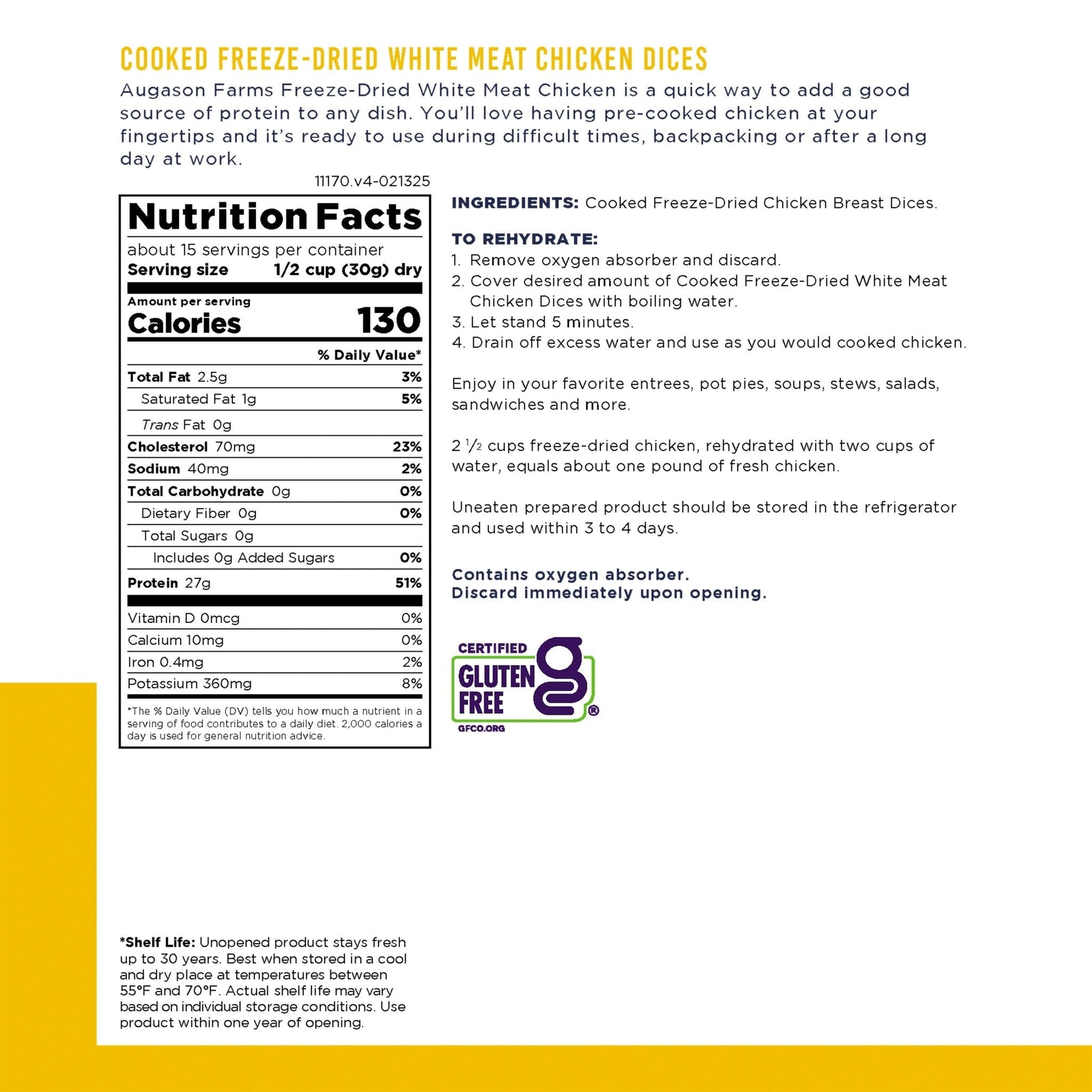 Cooked Freeze Dried White Meat Chicken Dices Can, 15 Servings - Blessings Grow Meadows