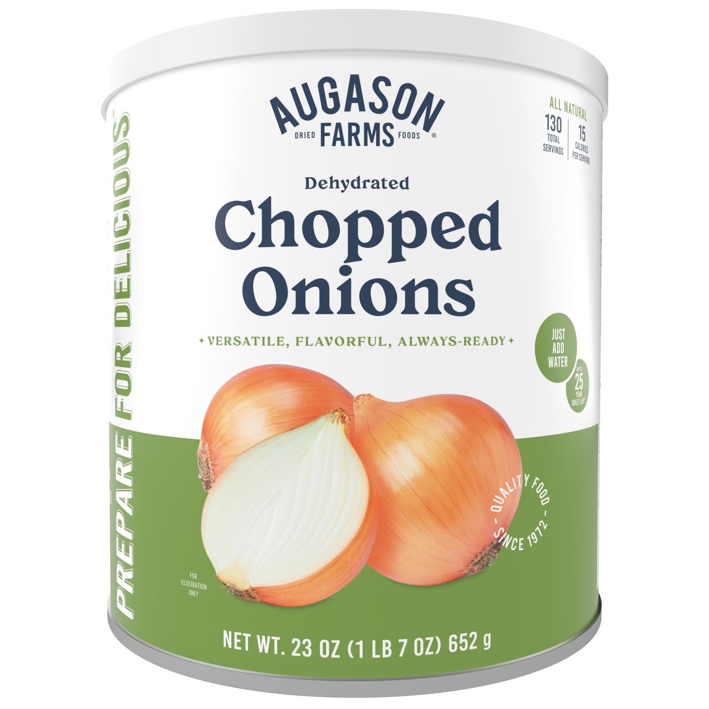 Can of Augason Farms dehydrated chopped onions with 130 servings, showing the food product and label on the container.