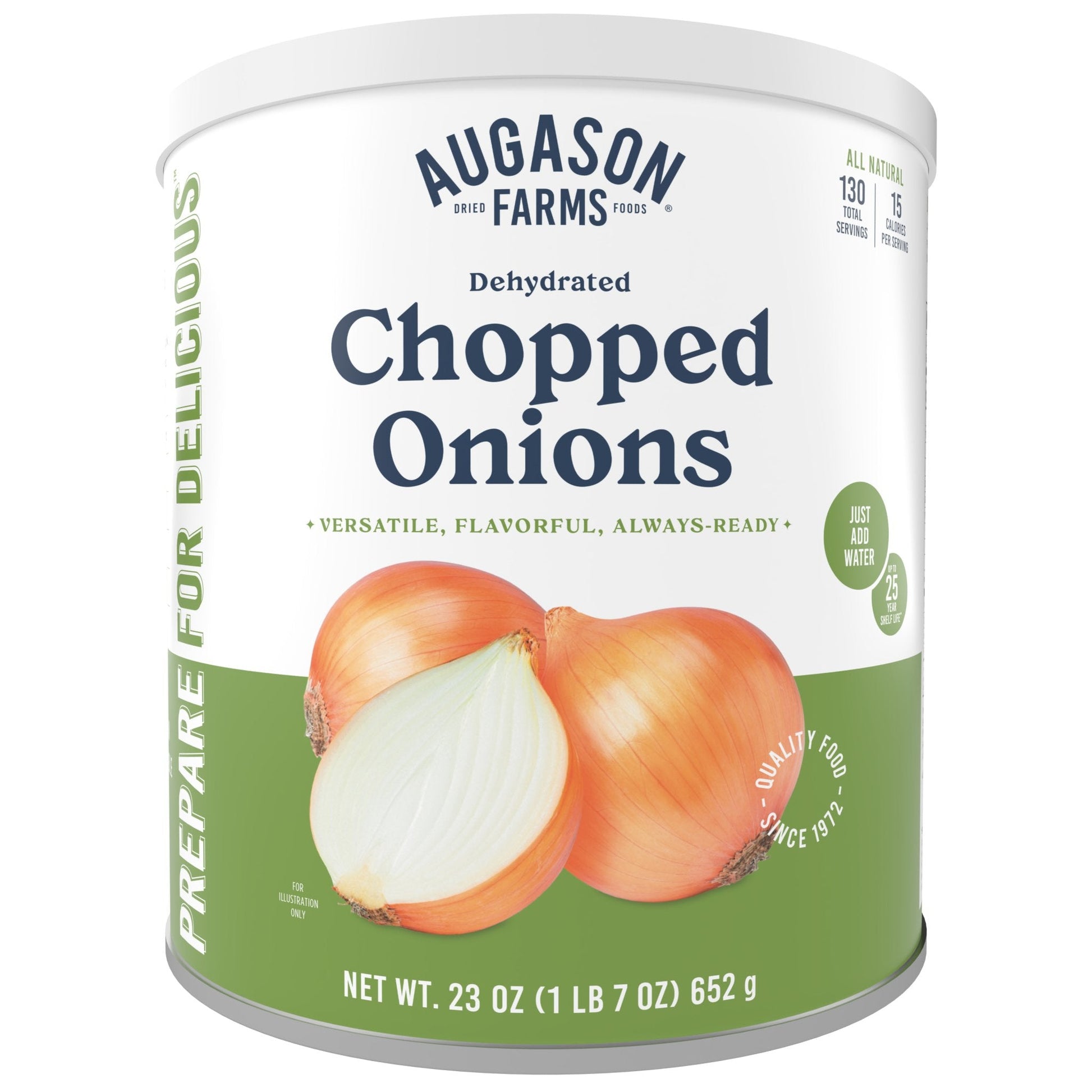 Can of Augason Farms dehydrated chopped onions with 130 servings, showing the food product and label on the container.