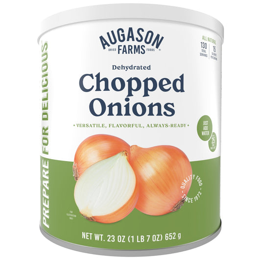Can of Augason Farms dehydrated chopped onions with 130 servings, showing the food product and label on the container.