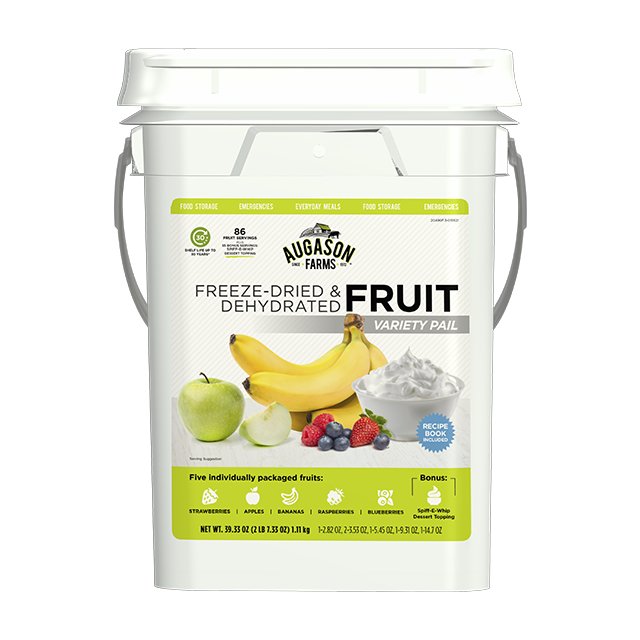 Augason Farms dehydrated and freeze-dried fruit variety pail with 86 servings, featuring colorful dried fruit pieces in a large container.