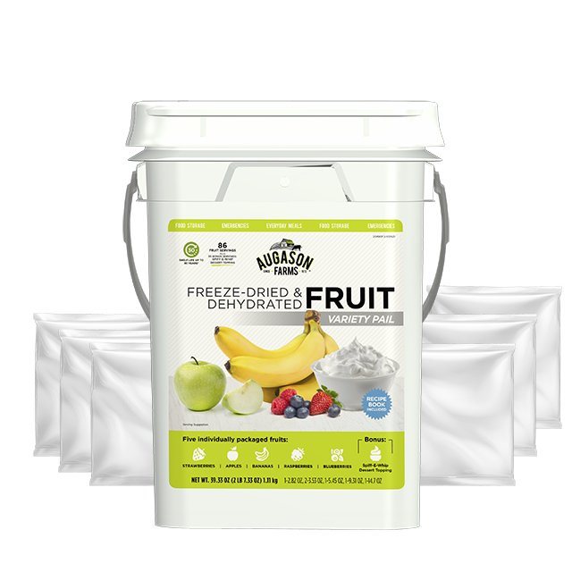 Augason Farms dehydrated and freeze-dried fruit variety pail with 86 servings, colorful dried fruit pieces in a large container.