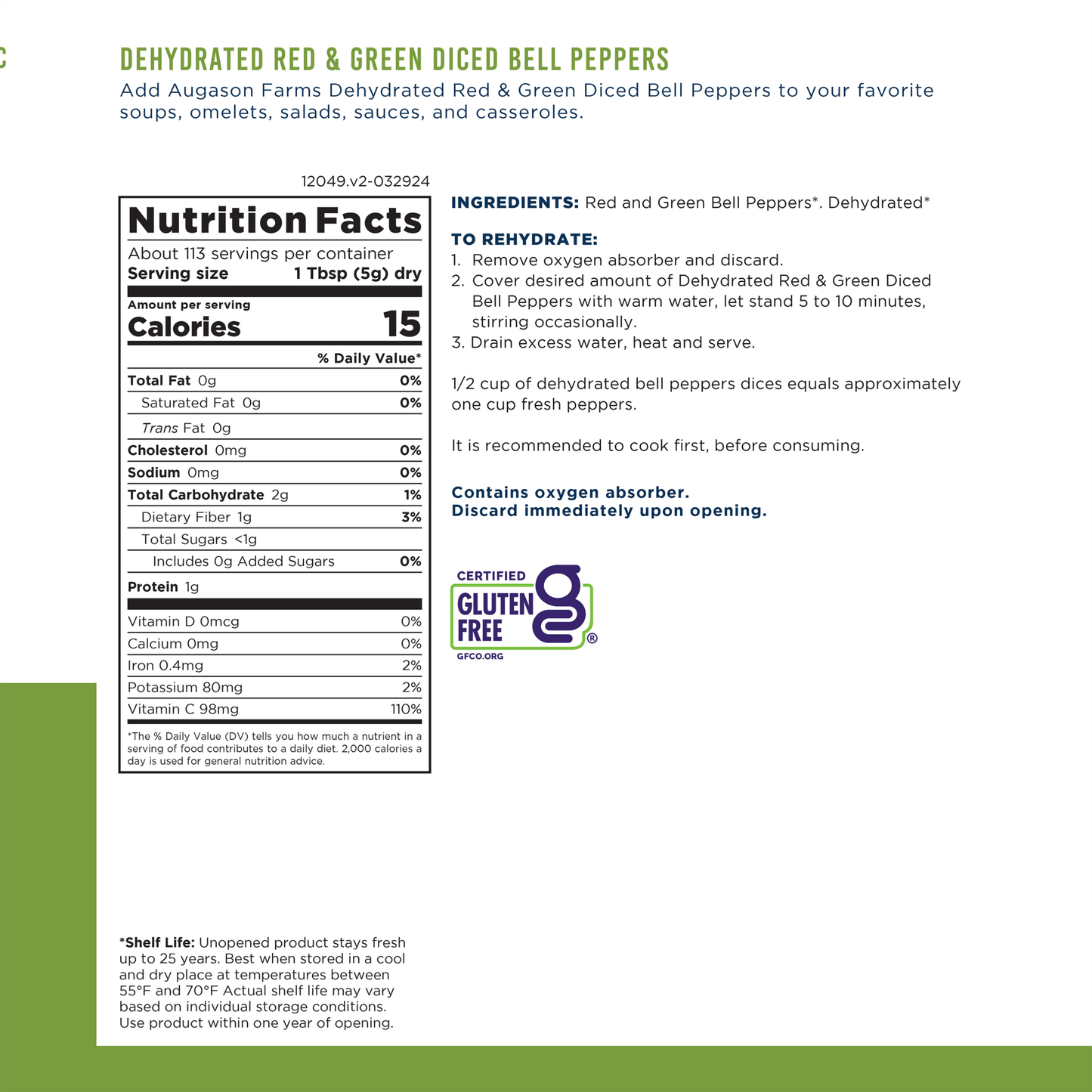 Dehydrated Red and Green Diced Bell Peppers Can, 113 Servings - Blessings Grow Meadows