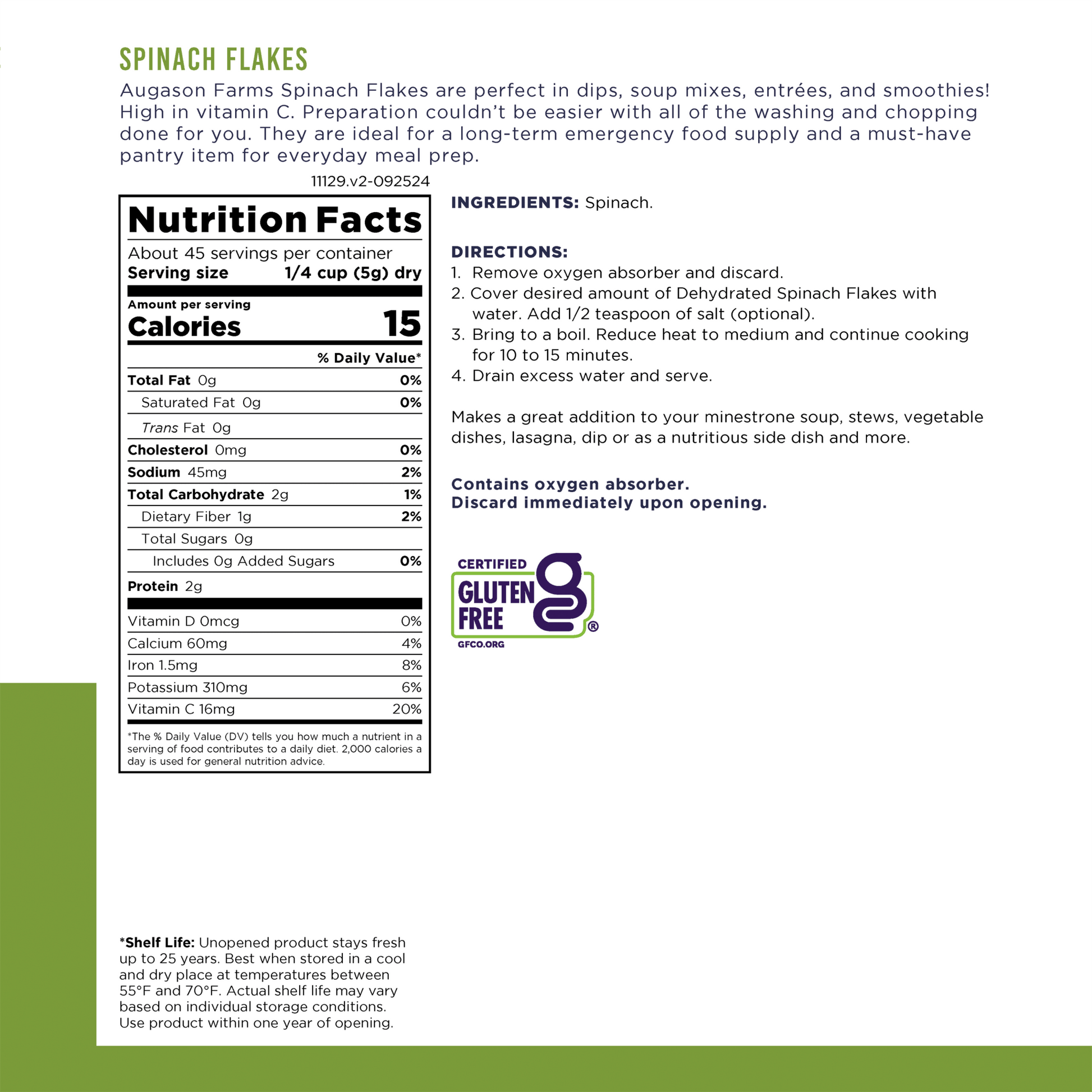 Dehydrated Spinach Flakes Can, 45 Servings - Blessings Grow Meadows