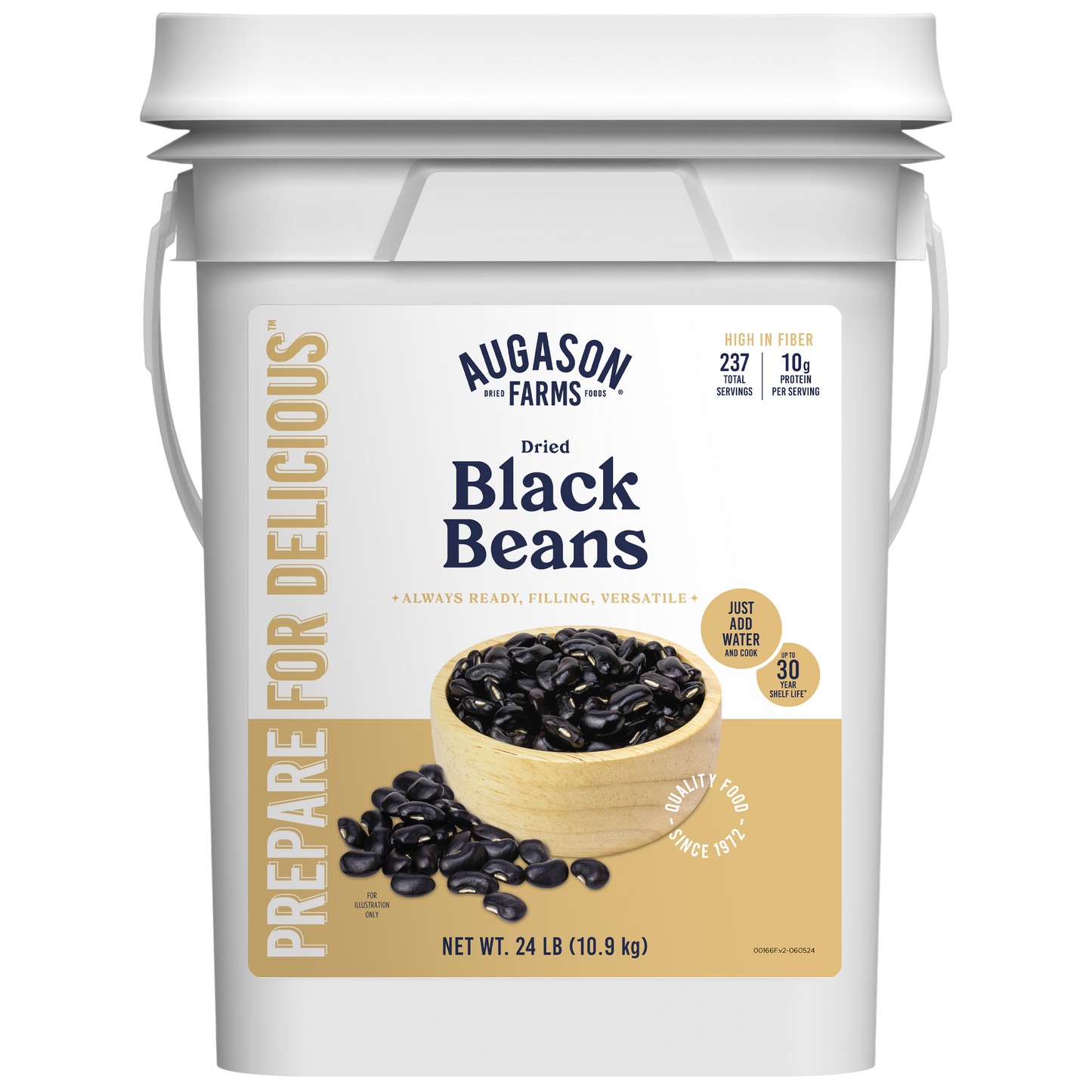 Dried black beans in a 4-gallon pail from Augason Farms, showcasing the bulk packaging for long-term storage.
