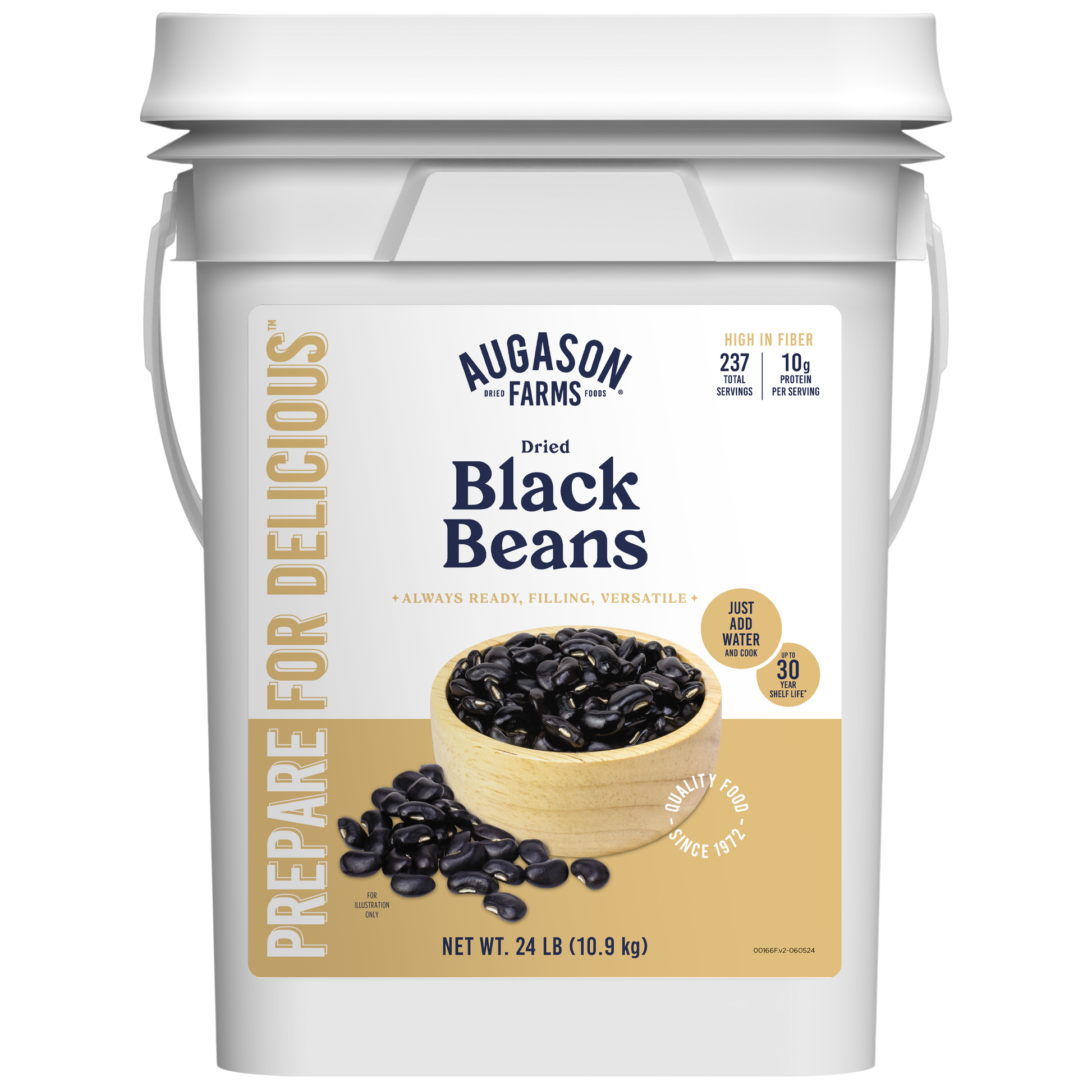Dried black beans in a 4-gallon pail from Augason Farms, showcasing the bulk packaging for long-term storage.