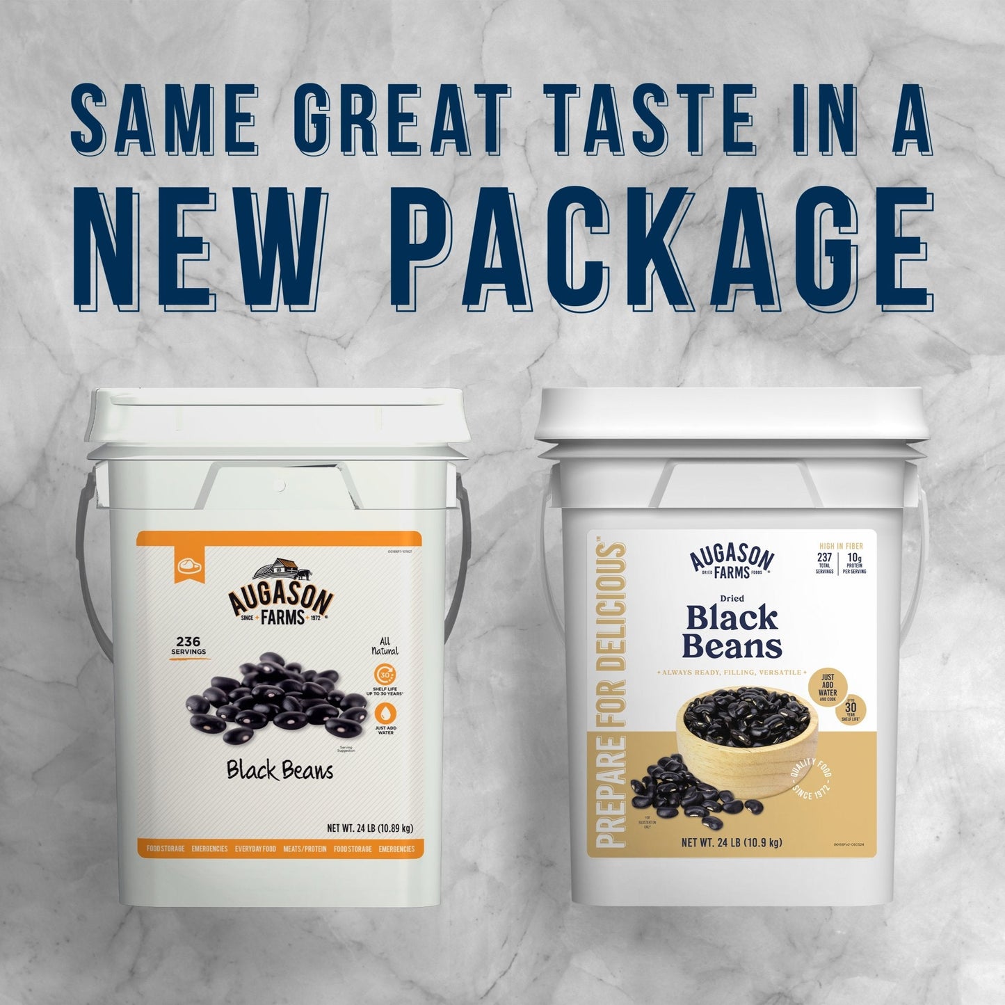 Dried black beans in a large Augason Farms 4-gallon pail, suitable for long-term storage and cooking.
